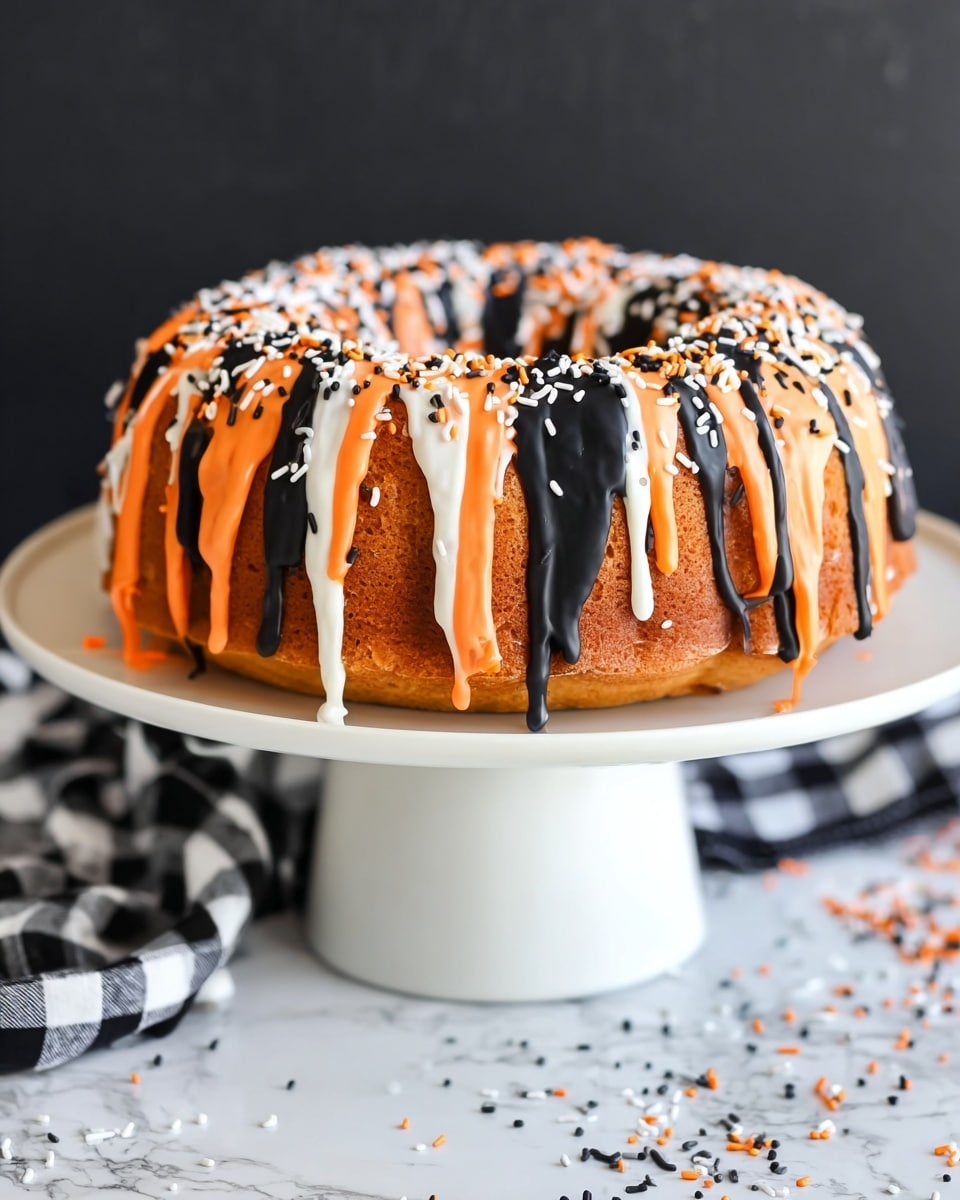 A round bundt cake with a smooth light brown base is placed on a tall white cake stand. The cake is covered in thick drizzles of orange, black, and white icing that cascade down all sides in long, uneven strands. Small round sprinkles in matching colors—orange, white, and black—are scattered across the top layer of icing, adding texture and color contrast. The background features a white marbled texture, with a black-and-white checkered cloth softly blurred behind the stand and some scattered round sprinkles around the base. photo taken with an iphone --ar 4:5 --v 7