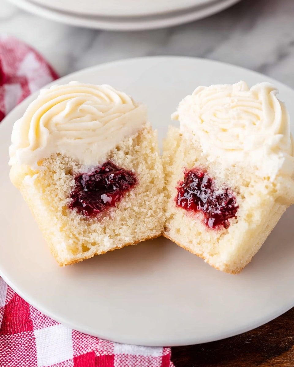 The image shows two soft, light-colored cupcakes cut in half and placed on a white plate. Each cupcake has three main layers: the bottom layer is a fluffy pale yellow cake, the middle layer is a dark red jam filling with a slightly glossy texture, and the top layer is thick, creamy white frosting with a smooth, swirled pattern. The plate sits on a white marbled surface, and a red and white checkered cloth is partially visible to one side. Photo taken with an iphone --ar 4:5 --v 7