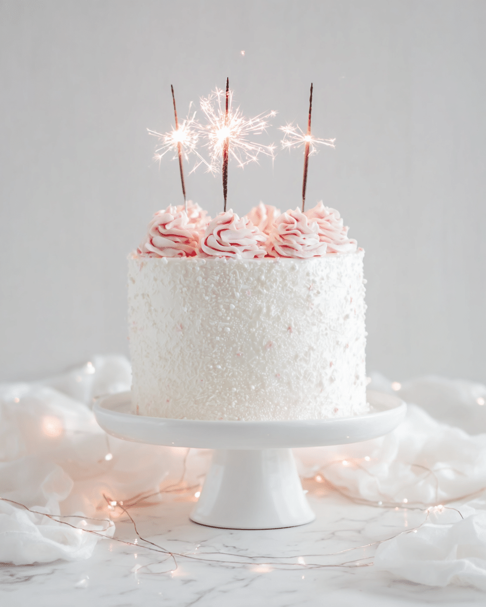 The cake is tall with a smooth, white outer layer covered in tiny white sprinkles giving it a soft, textured look. It stands on a white cake stand over a white marbled surface with soft white fabric and small fairy lights around the base. The top of the cake has five pink swirls of frosting evenly spaced around the edge. In the middle, there are three lit sparklers creating bright sparks. The background is plain and light, making the cake the clear focus. photo taken with an iphone --ar 4:5 --v 7