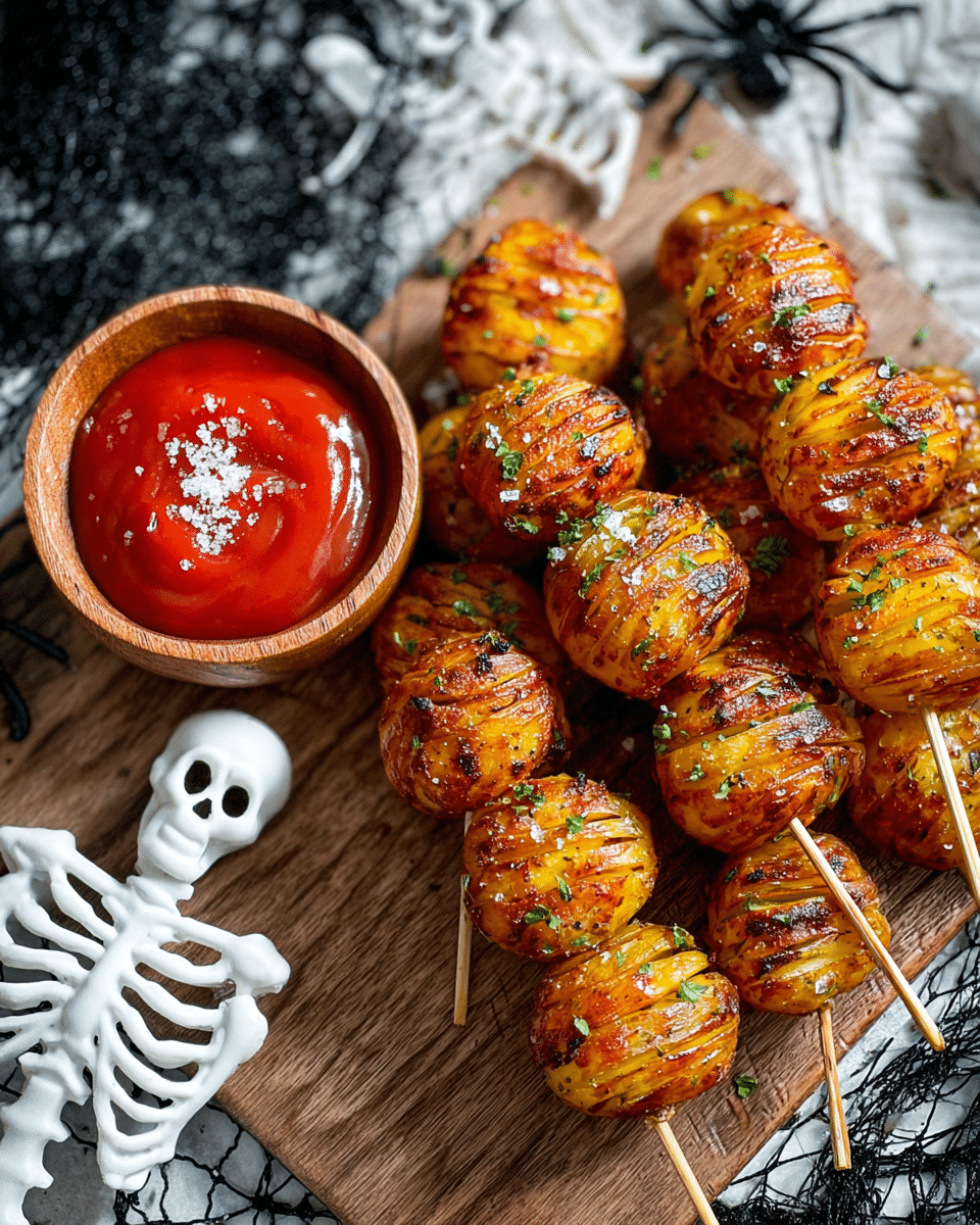 The image shows skewers of golden brown roasted potatoes carved with a crisscross pattern, giving them a textured look. Each skewer holds several small potato pieces that are slightly charred on the edges and sprinkled with coarse sea salt and green herbs. The skewers are placed on a wooden board, with the wood grain visible underneath. Next to the board, there is a round wooden bowl filled with bright red ketchup topped with a sprinkle of coarse salt. The background features a white marbled surface with a Halloween theme, including white plastic skeletons and a black spider. photo taken with an iphone --ar 4:5 --v 7