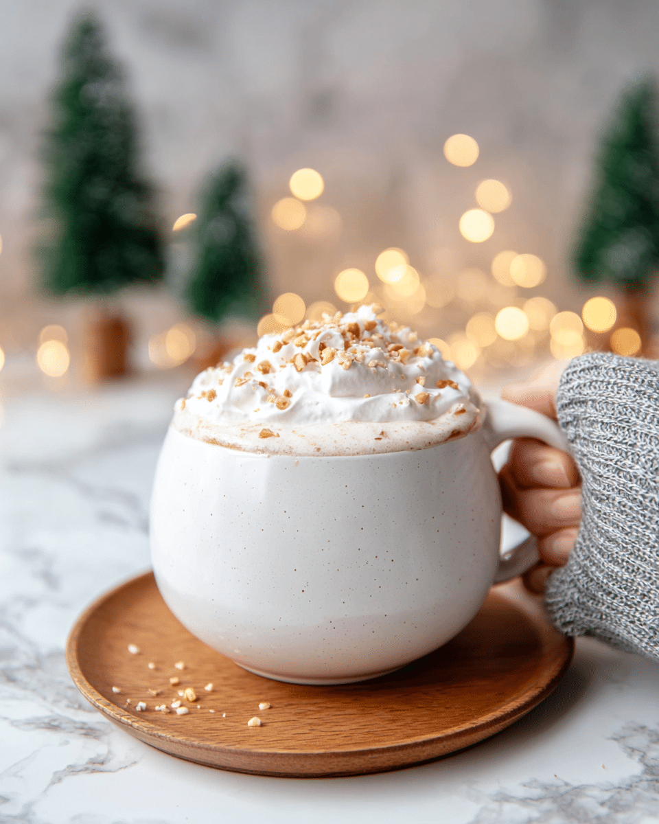 A white round cup with a curved body sits on a wooden coaster on a white marbled surface. Inside the cup, there are three visible layers: the bottom layer is a hot drink, the middle layer is thick white whipped cream piled high above the cup’s rim, and the top layer is small light brown nut pieces sprinkled over the cream. A woman's hand wearing a grey knitted sleeve holds the cup handle on the right side. In the background, there are blurred soft yellow lights and small green Christmas tree decorations. Photo taken with an iphone --ar 4:5 --v 7