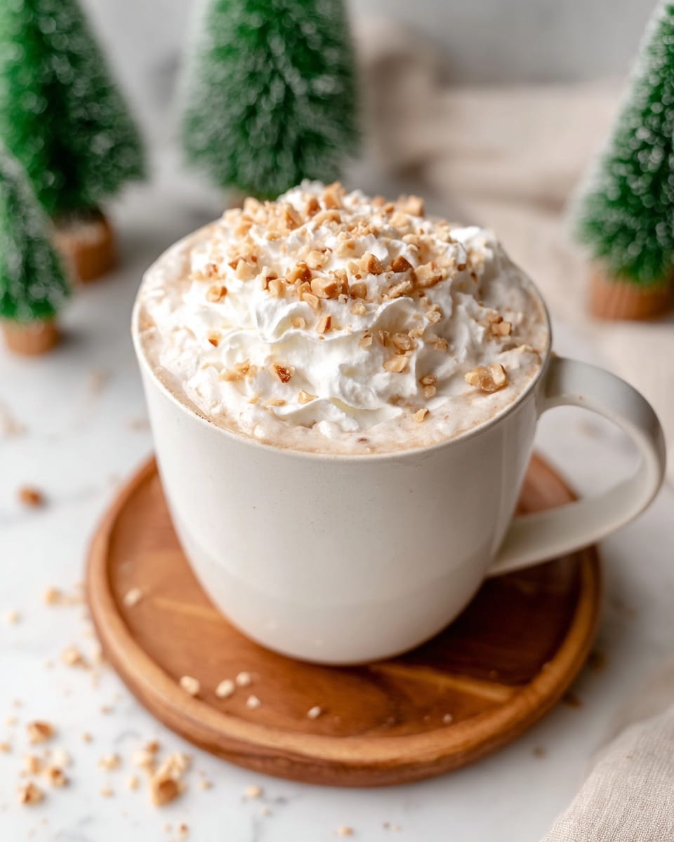 A large white mug filled with a light brown creamy drink, topped with a thick, fluffy layer of white whipped cream. Small tan nut pieces are sprinkled generously over the whipped cream, providing texture and color contrast. The mug sits on a round wooden coaster, placed on a white marbled surface. In the blurred background, three small green decorative Christmas trees add a festive touch. Some nut pieces are scattered on the surface around the mug. photo taken with an iphone --ar 4:5 --v 7