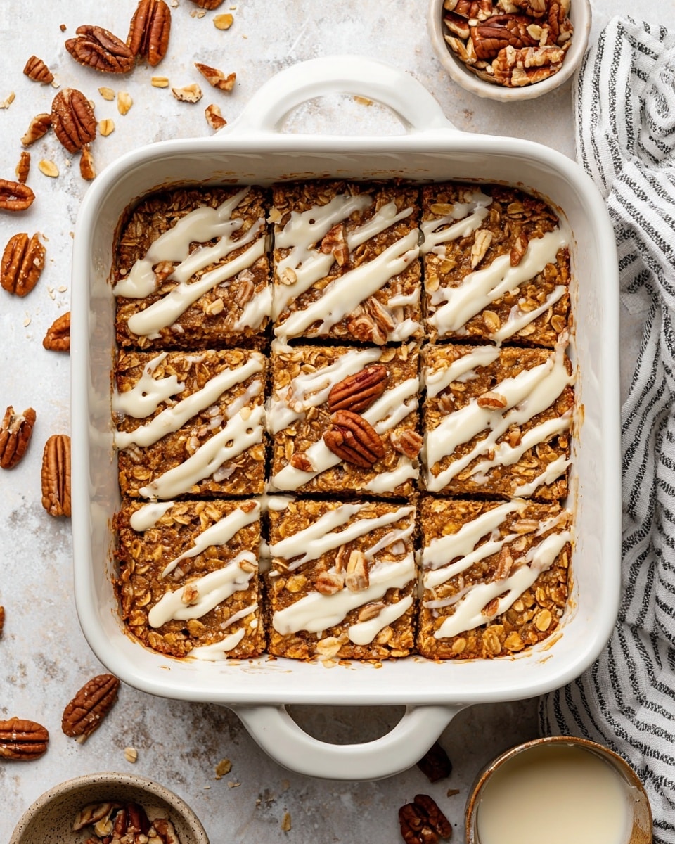 A white ceramic baking dish with handles holds a baked oatmeal cut into nine square pieces. The oatmeal layer is thick and textured with visible oats, showing a warm golden-brown color. On top, there is a drizzle of creamy white sauce spread unevenly across the surface, and scattered chopped pecan nuts add a crunchy contrast. The dish is placed on a white marbled surface, with loose oats and pecans lying around, and parts of a striped cloth and small bowls are visible around it. Photo taken with an iphone --ar 4:5 --v 7