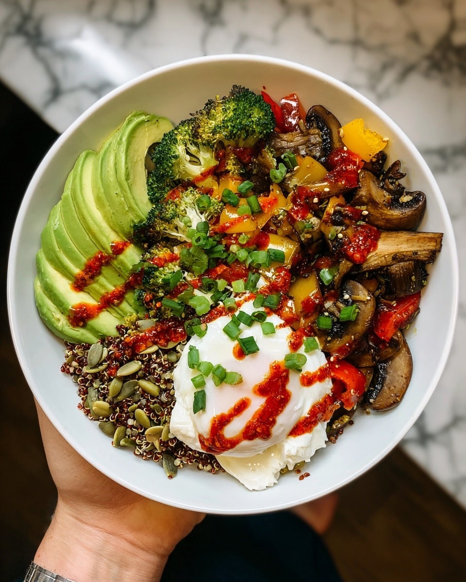 A white bowl holds a colorful layered dish held by a woman's hand wearing a gray sleeve. The base layer is dark red quinoa spread evenly in the bowl. On top, sautéed mixed vegetables including green broccoli florets, brown mushrooms, diced red and yellow bell peppers, and onions create a textured and colorful mix covering a large area on one side. Half of a sliced green avocado rests on the left side, smooth and fresh, with small drops of red sauce drizzled over it. A cooked white egg with a soft texture is placed near the top, sprinkled with slices of green onions and more red sauce scattered across it and the vegetables, adding vibrant contrast. The scene is set against a blurred white marbled background. Photo taken with an iphone --ar 4:5 --v 7