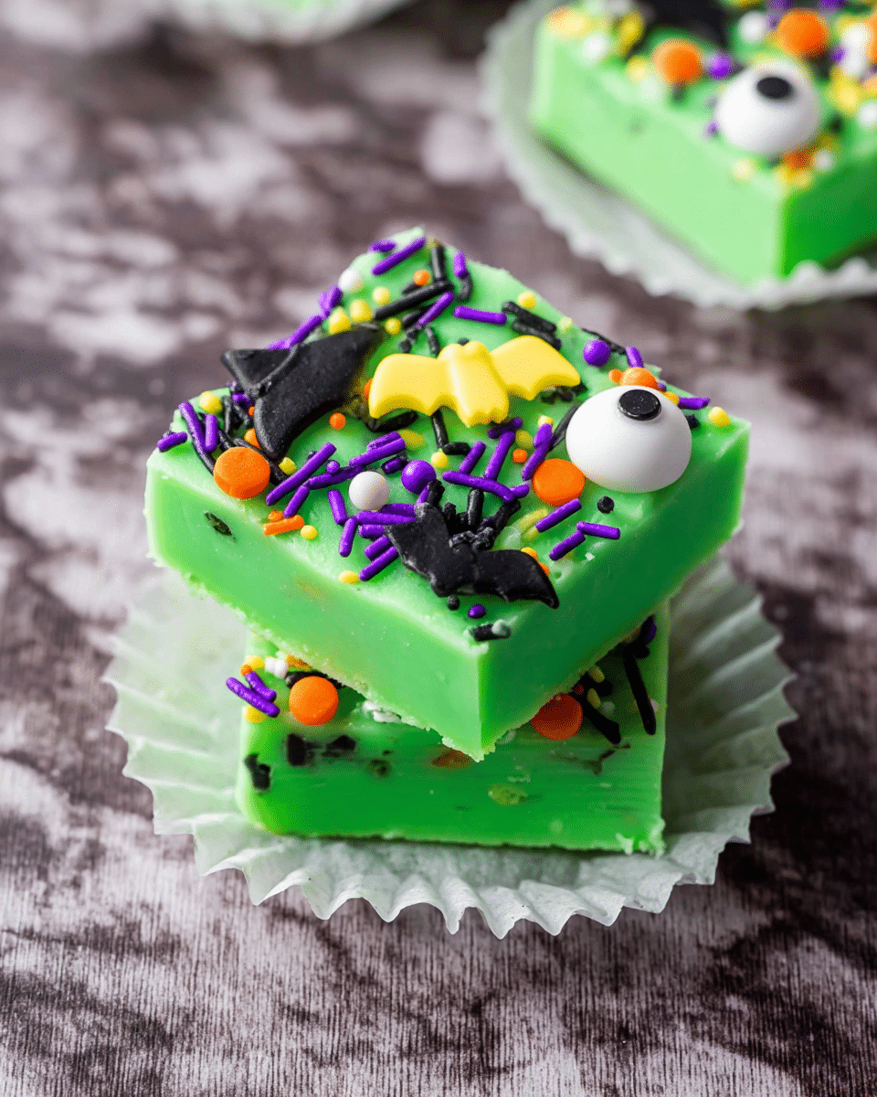 Two square layers of bright green fudge stacked on a white cupcake liner, each layer smooth with a creamy texture. The top layer is covered with colorful sprinkles including small round orange, purple, and black circles, long black and purple strands, and larger candy shapes like a black witch's hat, a white eyeball with a black center, a yellow hand, and a black bat. The background is a white marbled texture surface. photo taken with an iphone --ar 4:5 --v 7