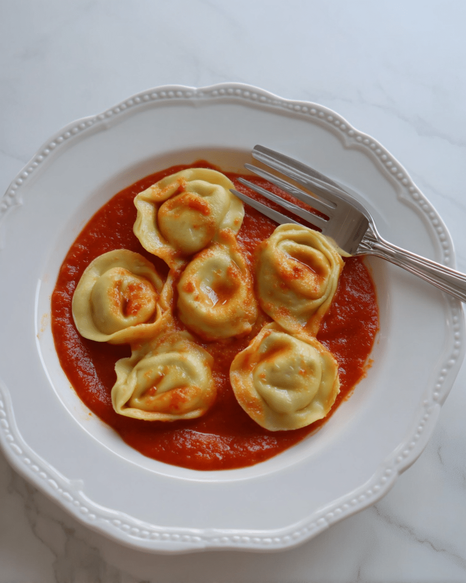 A white scalloped-edged bowl holds six pale green tortellini arranged in a circle over a thick layer of bright red tomato sauce, which covers the base of the bowl. The tortellini have a smooth, slightly shiny texture with some orange-red sauce spots on them. A silver fork rests on the edge of the bowl, partially touching the sauce. The bowl sits on a white marbled surface. photo taken with an iphone --ar 4:5 --v 7