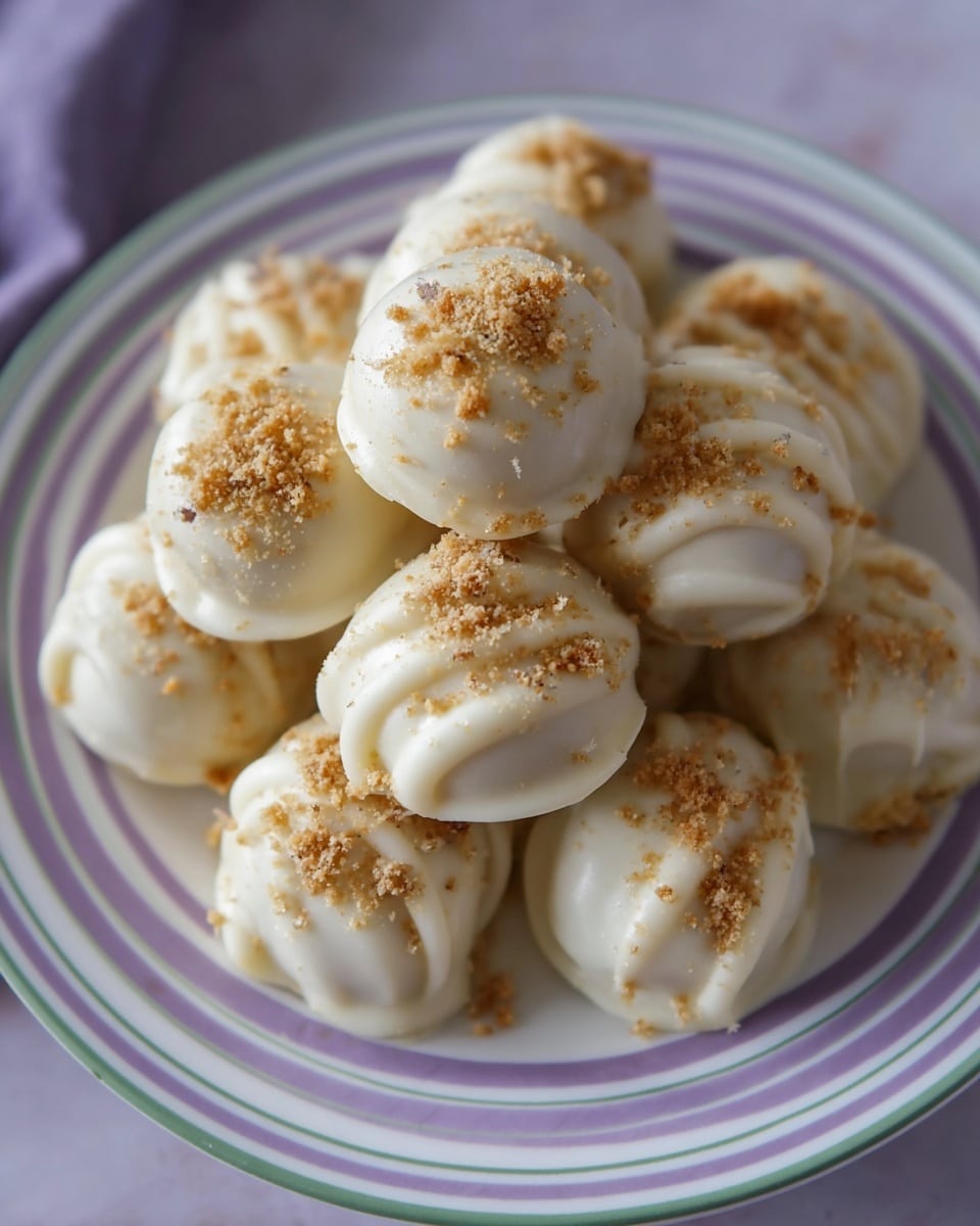A pile of small, round treats covered in thick, glossy white chocolate sits on a white plate with light purple stripes and a thin green rim. Each treat has a smooth swirled top layer and is lightly dusted with golden brown crumbs that add texture. The treats are stacked closely together, showing their creamy white color and crumbly topping on a soft white marbled surface in the background. photo taken with an iphone --ar 4:5 --v 7
