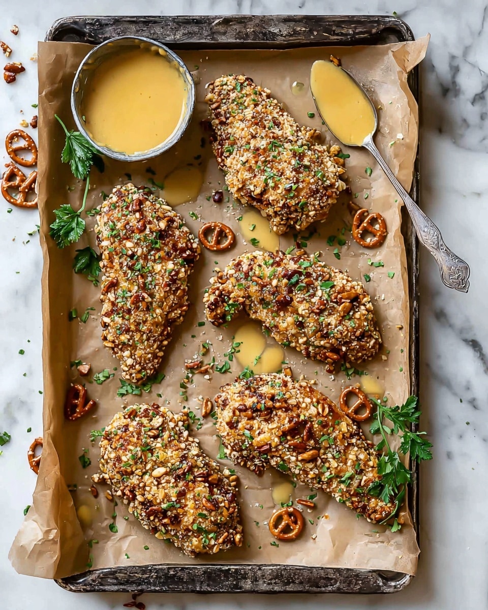 The image shows four pieces of chicken coated in a rough, chunky crumb made of crushed pretzels and small green herb bits, placed unevenly on brown parchment paper over a dark baking tray. The chicken pieces are golden brown with a textured look from the pretzel crumbs. Scattered around the chicken are small broken pieces of pretzels and green parsley leaves. On the top left of the tray, there is a small round dish filled with smooth, golden-yellow dipping sauce, and on the top right, a silver spoon rests on the parchment with some sauce on it. The whole scene sits on a white marbled surface. photo taken with an iphone --ar 4:5 --v 7