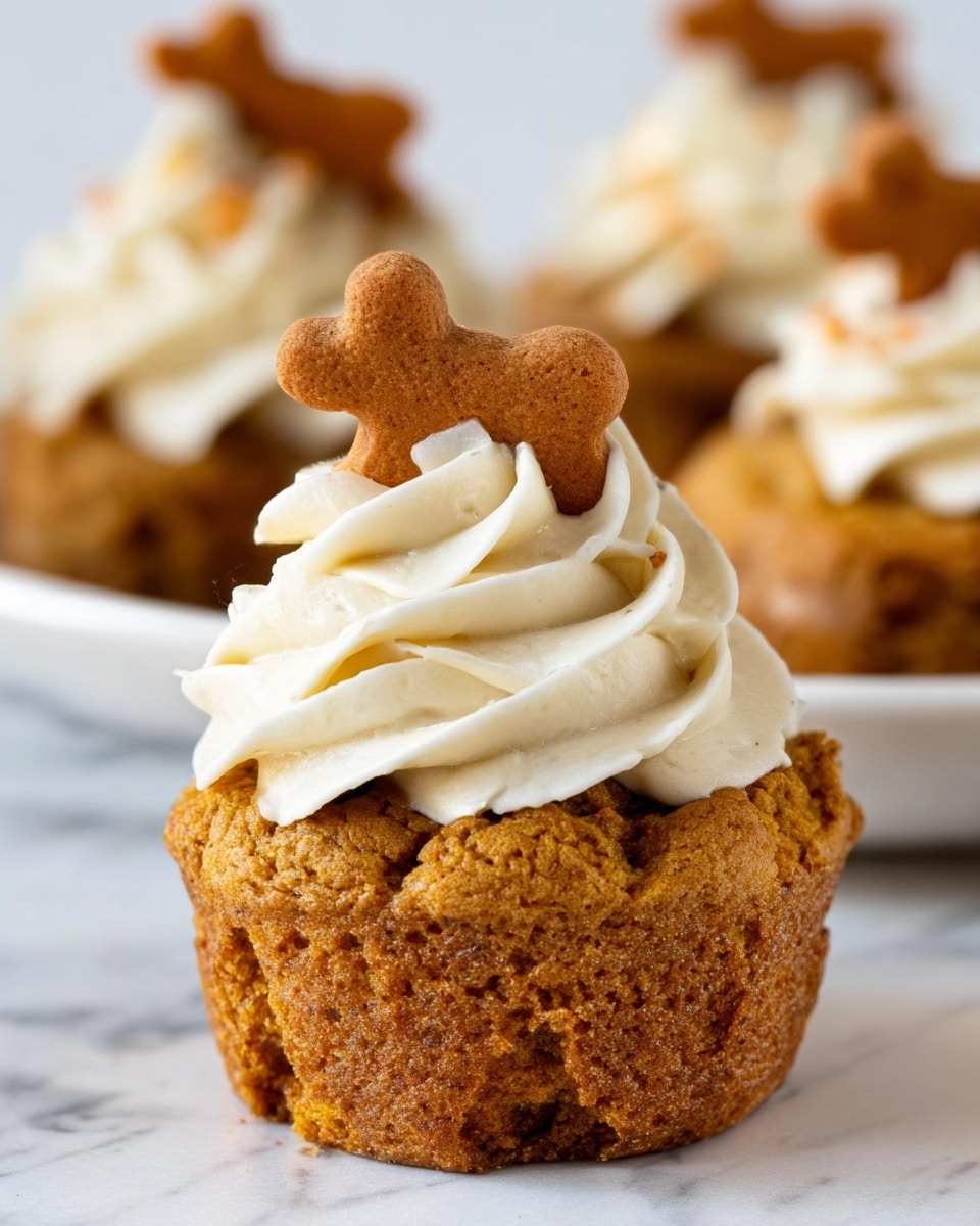 The image shows a close-up of a cupcake with two main layers. The bottom layer is a rough-textured, golden-brown cupcake with small cracks and a moist appearance. The top layer is a swirl of smooth, creamy white frosting, thickly piped on in a spiral pattern. Sticking out of the frosting is a small brown cookie shaped like a dog, adding a decorative touch. More cupcakes with the same details can be seen blurred in the background. The cupcakes are on a white plate, placed on a white marbled surface. photo taken with an iphone --ar 4:5 --v 7
