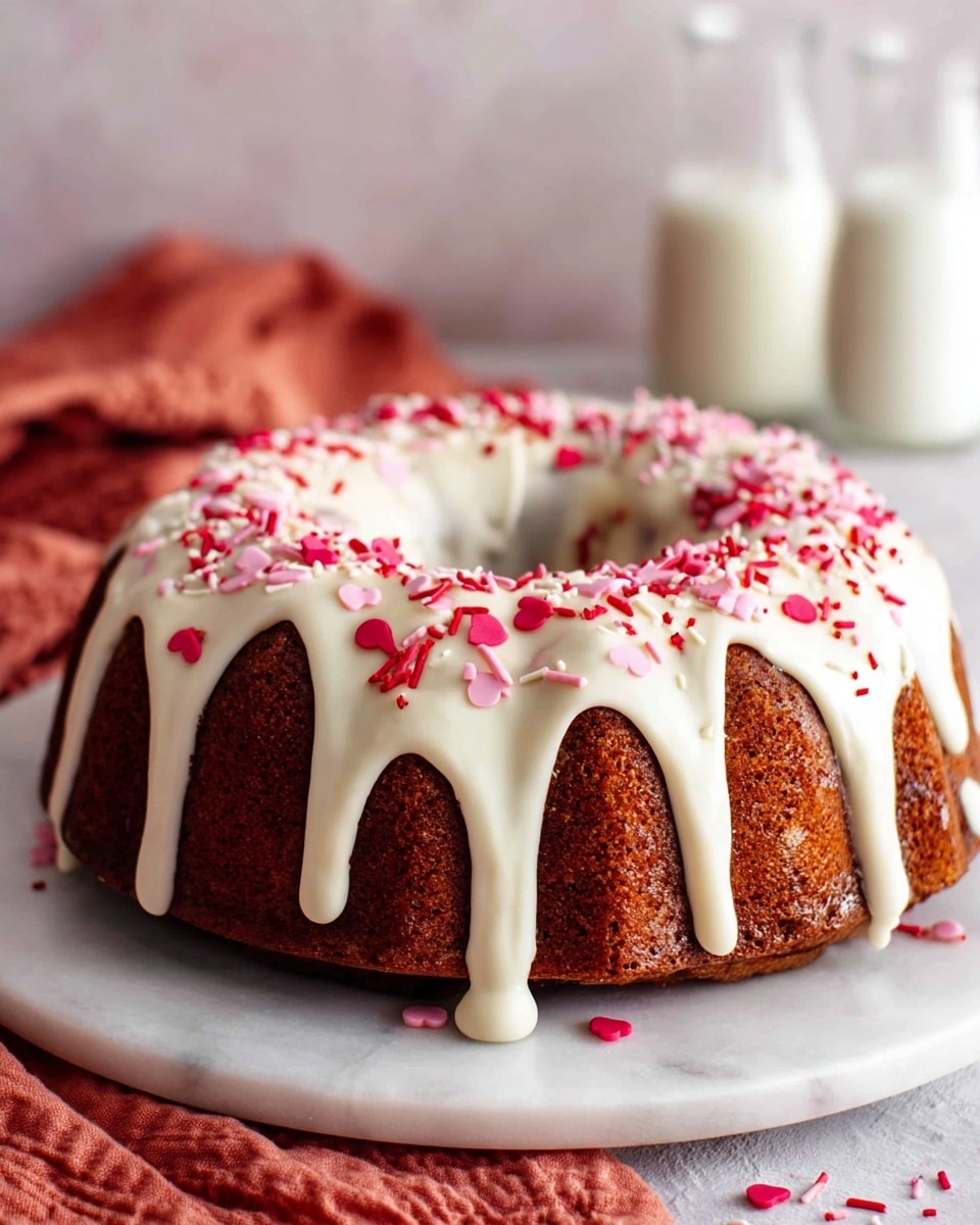 A round bundt cake with a rich brown color sits on a white marble plate, with a thick layer of creamy white icing dripping smoothly down the sides in uneven streams. The icing is decorated with small red, pink, and white sprinkles scattered all over the top. The cake is placed on a rust-colored cloth, adding warmth to the scene, and in the soft background, two glass milk bottles stand on a white marbled texture. photo taken with an iphone --ar 4:5 --v 7