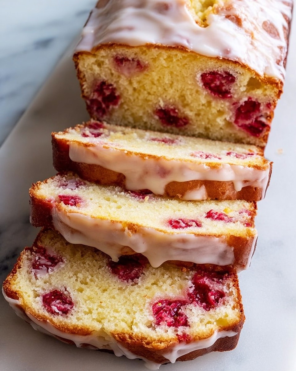 A loaf of pale yellow strawberry cake is sliced into four thick pieces on a white marbled surface. The cake has many bright red strawberry pieces distributed inside each slice, with a soft, moist texture. The top of the whole loaf is glazed lightly with white icing that drips slightly down the sides, creating a shiny and smooth finish. The crust is golden brown and contrasts with the lighter inside. photo taken with an iphone --ar 4:5 --v 7