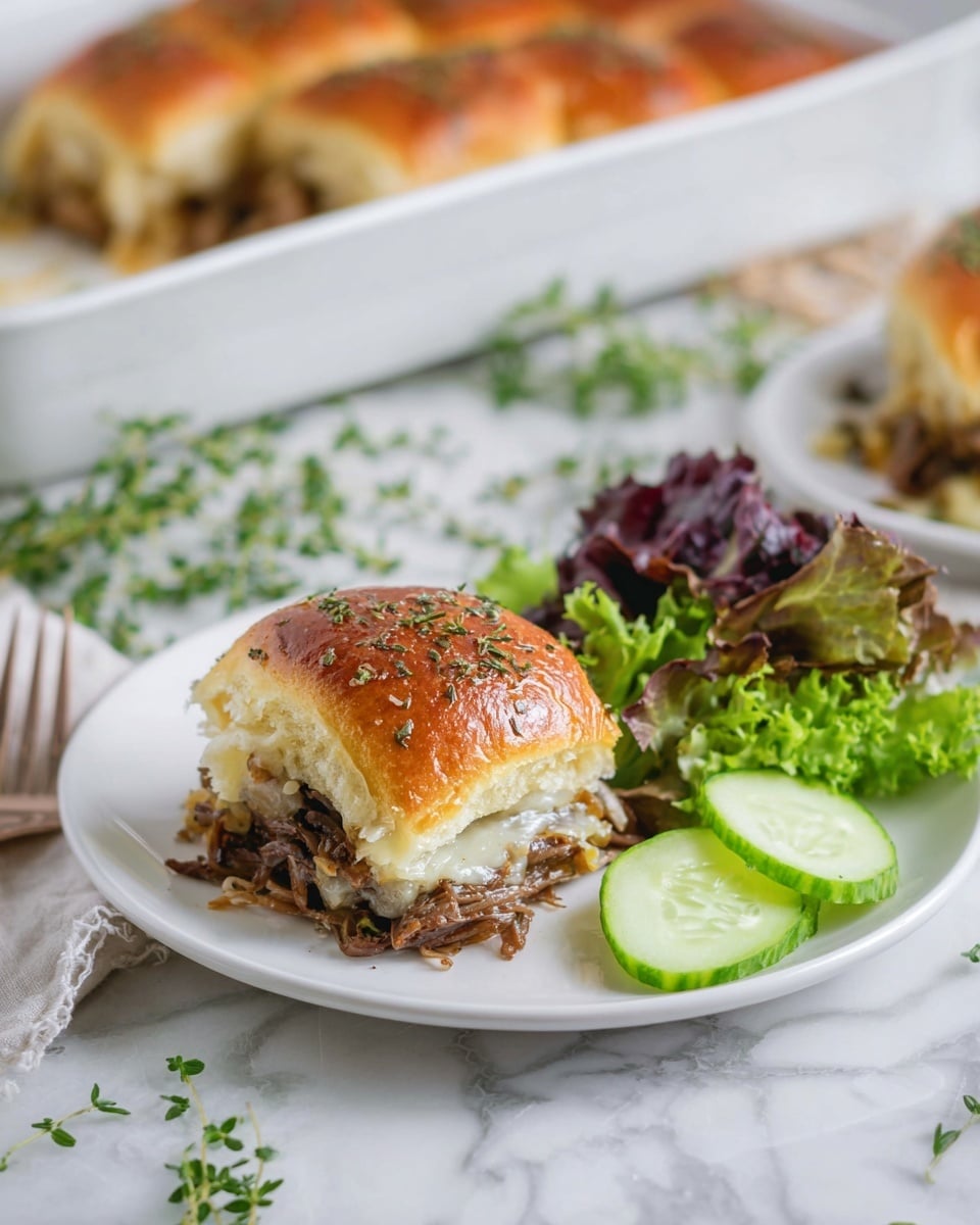 A white round plate holds a sandwich piece and fresh salad. The sandwich has three layers: the top is a shiny, golden brown bread with herbs sprinkled on top, the middle has melted white cheese and cooked onions, and the bottom layer is filled with thin, cooked brown beef slices. Next to the sandwich, there is a small pile of green leafy lettuce with purple edges and three slices of light green cucumber. In the background, there is a white rectangular baking dish with the remaining sandwich, showing the same layers inside. The setting is on a white marbled surface with some green herbs scattered around. Photo taken with an iphone --ar 4:5 --v 7