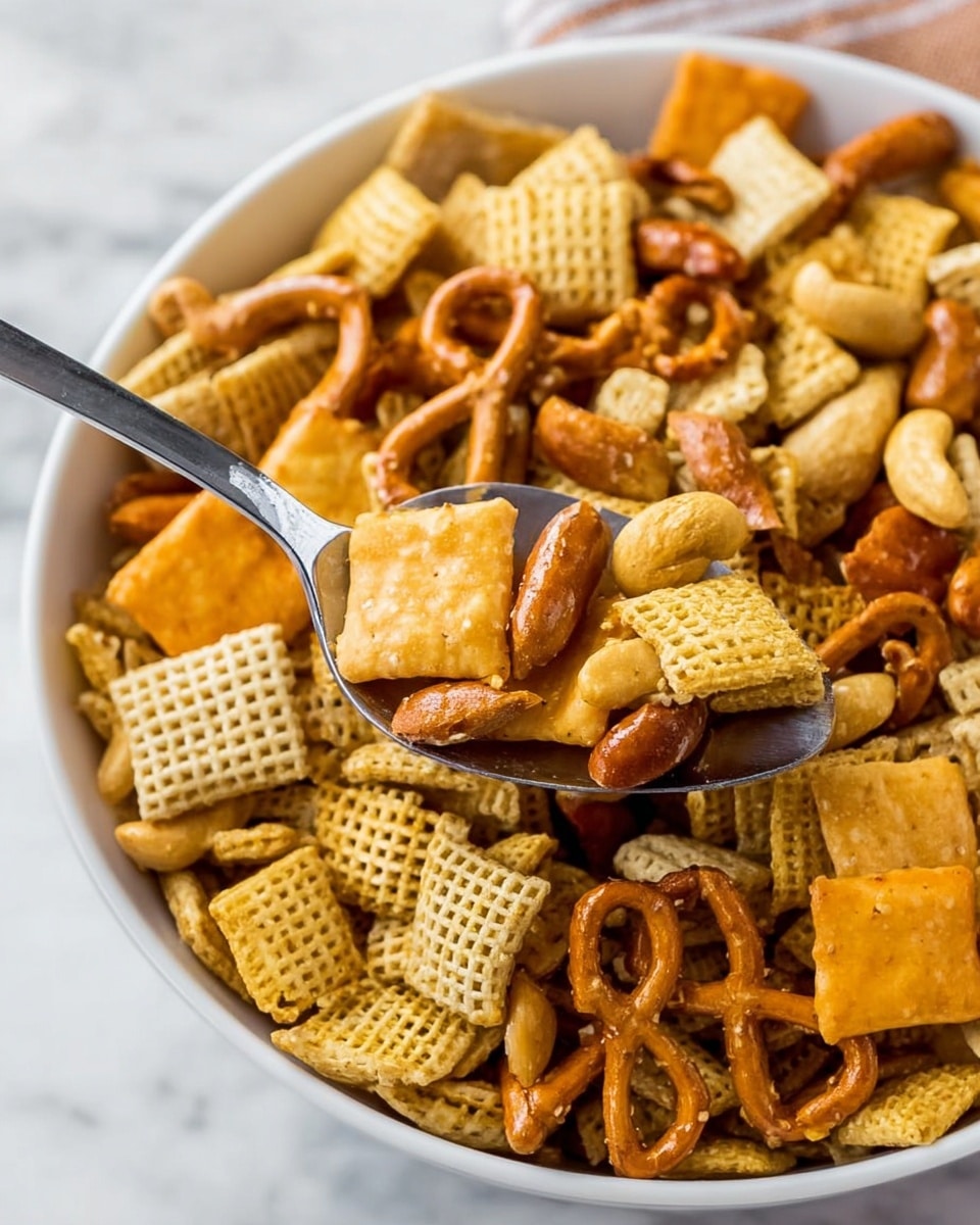 A close-up of a white bowl filled with a snack mix consisting of light brown, square cereal pieces with a woven texture, small orange square crackers with holes in the center, twisted brown pretzels, yellowish-orange fish-shaped crackers, and beige peanuts. A silver spoon is scooping up a portion of the mix, showing the different shapes and colors clearly. Everything sits on a white marbled surface, and the photo looks bright and clear. photo taken with an iphone --ar 4:5 --v 7