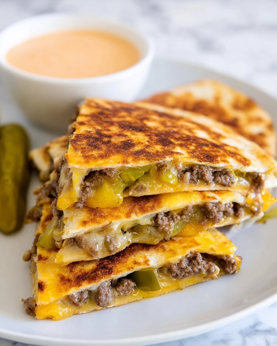 The image shows three triangular pieces of quesadilla stacked on a white plate, each piece having two golden brown, crispy layers of toasted tortilla on the top and bottom. Between these layers is a mix of melted yellow cheese, finely ground cooked beef, and slices of green pickles, visible through the slightly open edges of the quesadilla. In the background, there is a white bowl filled with a light orange creamy dip. The surface underneath is a white marbled texture. photo taken with an iphone --ar 4:5 --v 7