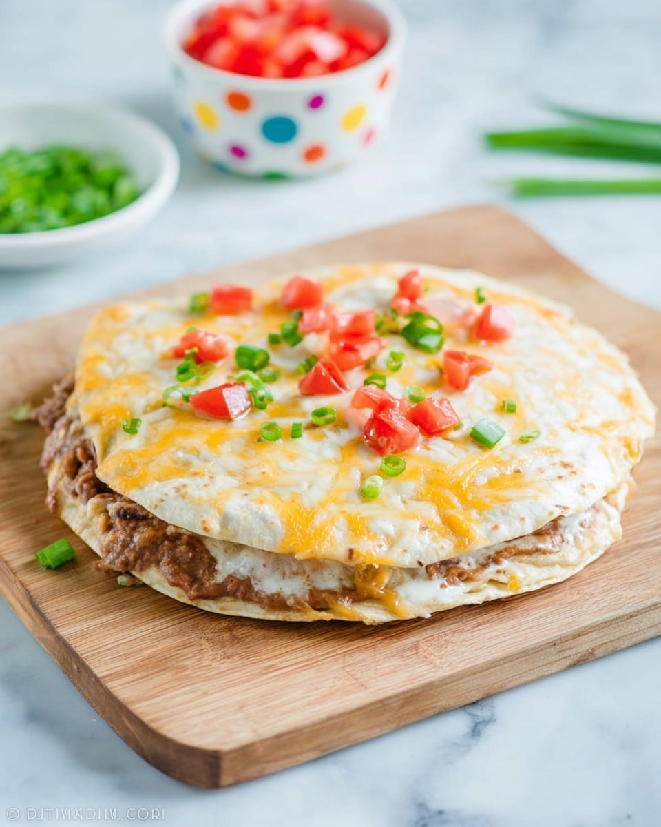 The image shows a two-layer Mexican quesadilla on a wooden cutting board placed on a white marbled surface. The bottom layer is a white tortilla with cooked refried beans spread on it, topped by another white tortilla layer. The top tortilla is covered with melted cheese in white and yellow tones with small pieces of diced red tomatoes scattered around. Green chopped onions, sprinkled across the top, add a fresh contrast. In the background, there are small piles of diced red tomatoes and green onions, and a white bowl with colorful polka dots. photo taken with an iphone --ar 4:5 --v 7
