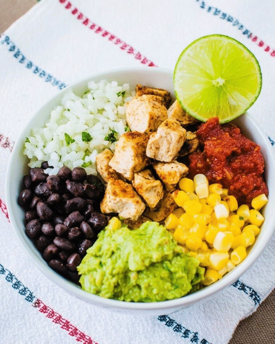 A white bowl filled with five distinct layers: a base of white rice mixed with small green herb pieces on the left side and a similar white rice base visible on the right, topped with chunks of grilled chicken in the center with light brown, slightly charred edges; to the left of the chicken is a layer of shiny black beans; to the right side, bright yellow corn kernels with small green herb pieces scattered; next to the corn, a small portion of red salsa with finely chopped vegetables; and finally, a dollop of light green guacamole sits in the lower right section. A half lime wedge stands upright behind the corn layer. The white bowl is placed on a white marbled surface with a white cloth featuring thin blue and red patterns tucked under it. Photo taken with an iphone --ar 4:5 --v 7