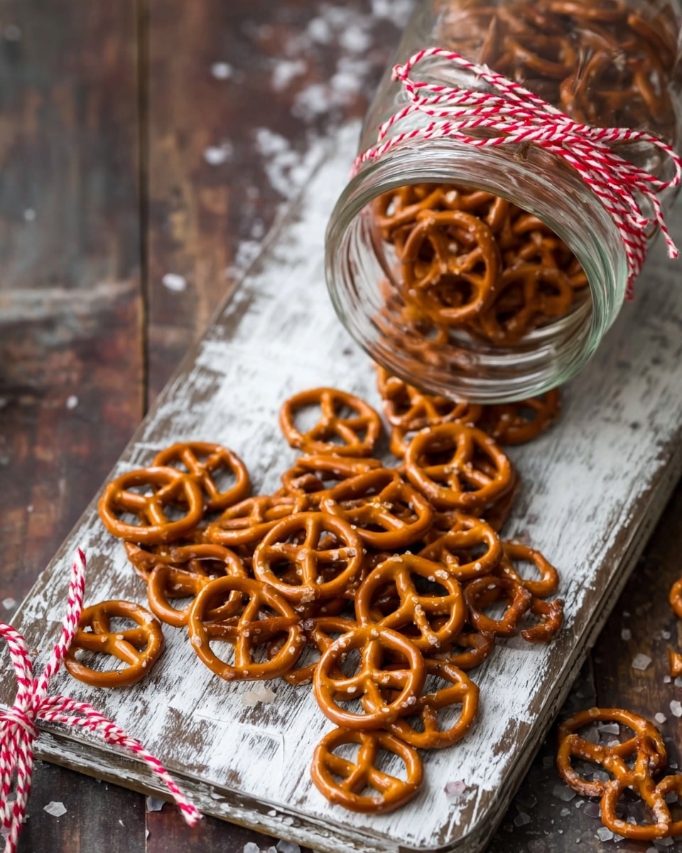 A clear glass jar tipped over on its side, spilling shiny, golden brown mini pretzels onto a distressed white wooden board. The pretzels have a smooth, glossy surface with a slightly salted texture, scattered in a casual pile that extends off the edge of the board onto a dark gray rustic surface. A red and white string is tied around the jar and the scene, adding a decorative touch. Photo taken with an iphone --ar 4:5 --v 7