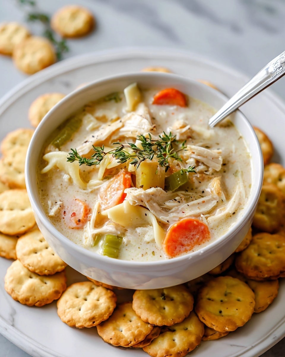A white bowl filled with creamy chicken noodle soup, showing several layers: shredded chicken pieces in a light beige color, sliced orange carrots, green celery pieces, and small square noodles all mixed in a creamy white broth. On top of the soup sits a sprig of fresh green thyme and a few round golden oyster crackers. The bowl is placed on a white plate that is surrounded by many more golden oyster crackers, all set against a white marbled textured background. A silver spoon is partially dipped into the soup at the back of the bowl. Photo taken with an iphone --ar 4:5 --v 7