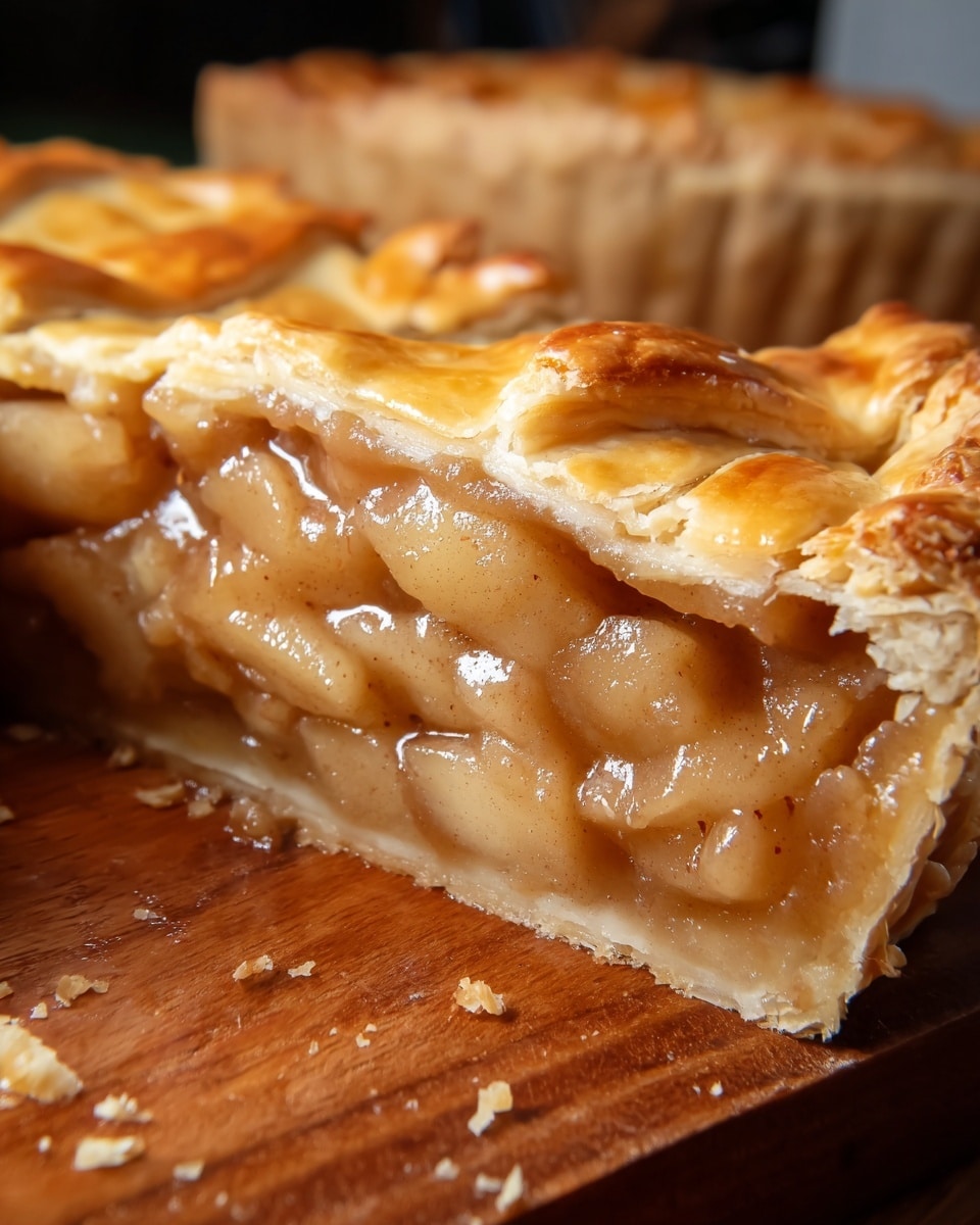 The image shows a close-up of a sliced apple pie with two visible layers: a top golden brown flaky crust with a slightly shiny, textured surface and a bottom crust holding the filling. The middle layer is a thick, glossy filling made of soft apple chunks in a translucent, light brown syrup with small specks, likely cinnamon. The pie rests on a wooden surface with some crumbs around it. In the background, more pieces of the pie are slightly out of focus. photo taken with an iphone --ar 4:5 --v 7