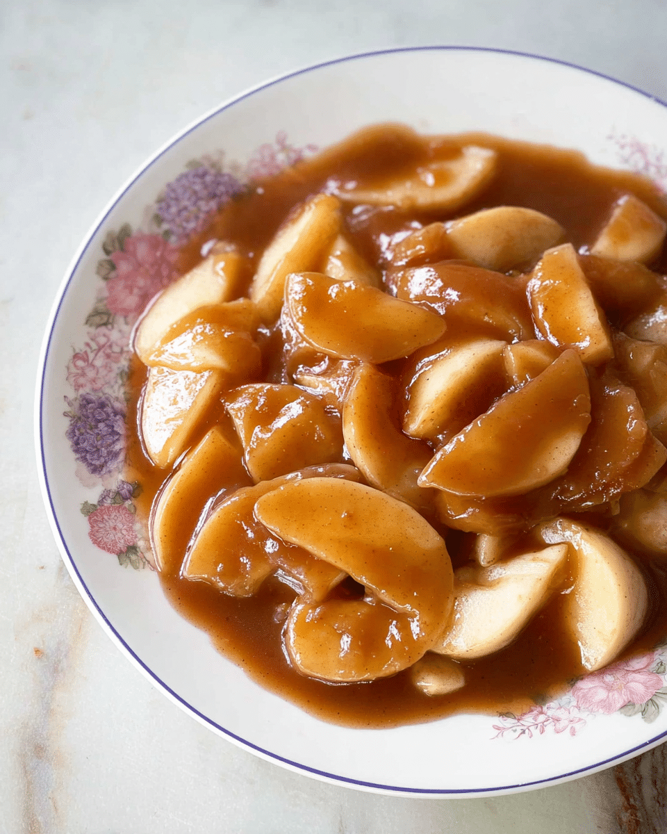 This image shows a white plate with a floral pattern around the edge, filled with cooked apple slices covered in a thick, shiny, brown cinnamon sauce. The apple slices vary in size and are soft and tender looking, some with a slight golden tint. The sauce is glossy and smooth, spreading evenly over the apple slices, pooling slightly on the plate. The plate sits on a white marbled surface. photo taken with an iphone --ar 4:5 --v 7