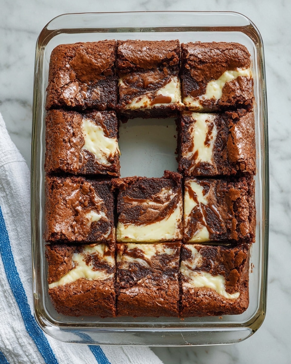 A rectangular glass baking dish holds a freshly baked chocolate cheesecake brownie cut into nine pieces. The brownie has a rich dark brown top layer with a cracked and slightly rough texture. Through the brownie, creamy white cheesecake swirls are visible in the middle, contrasting with the darker chocolate. The cheesecake has a smooth and slightly melted appearance, blending irregularly with the chocolate layer above it. The dish is placed on a white marbled surface with a white towel that has blue stripes near the bottom left corner. photo taken with an iphone --ar 4:5 --v 7