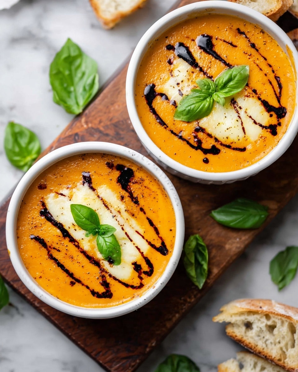 Two white ramekins filled with a smooth, bright orange soup topped with melted white cheese, which has slightly browned spots. Thin, dark balsamic glaze lines are drizzled across the cheese, adding contrast. Each ramekin is garnished with fresh green basil leaves in the center. The ramekins are placed on a dark wooden board resting on a white marbled surface. Around them, scattered basil leaves add fresh green touches, and pieces of torn bread are visible near the top right corner. photo taken with an iphone --ar 4:5 --v 7