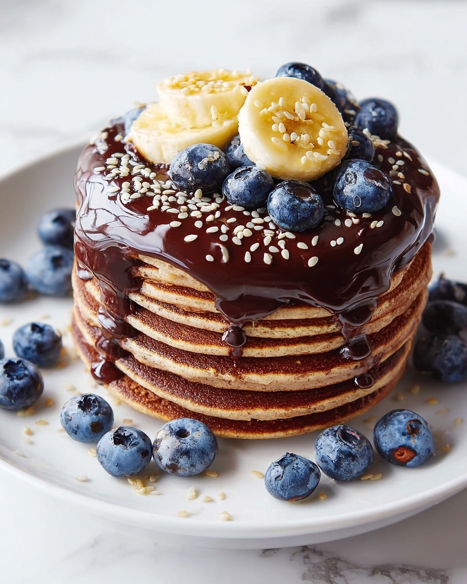 A stack of eight brown pancakes sits in the middle of a white plate, each layer fluffy with slightly crisp edges. On top is a thick layer of glossy, dark chocolate sauce that drips down the sides. Two light yellow banana slices rest on the chocolate, topped with plump, deep blue blueberries and sprinkled with small, pale seeds. More blueberries are scattered on the plate around the pancake stack. The dish is set against a white marbled surface, bright and clean. photo taken with an iphone --ar 4:5 --v 7