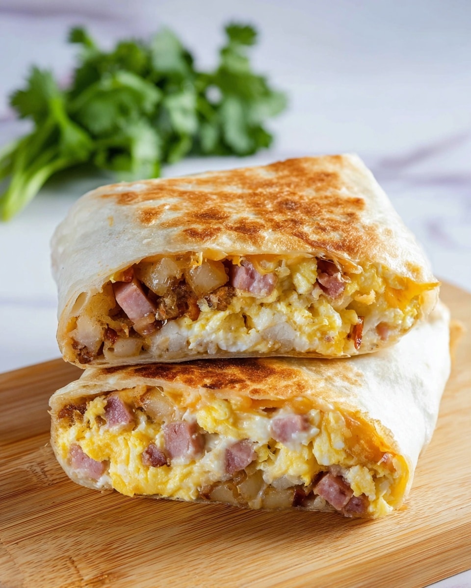 The image shows two halves of a breakfast burrito stacked on a light wooden board, with a golden brown toasted outer wrap that is slightly crispy. Inside, there are distinct layers: a soft white layer of scrambled eggs mixed with small pieces of pinkish ham and bits of light brown crispy potatoes, along with melted cheddar cheese peeking through the edges. The burrito halves reveal a moist, hearty, and slightly chunky texture of the filling. In the background, there is a small bunch of bright green cilantro on a white marbled surface. photo taken with an iphone --ar 4:5 --v 7