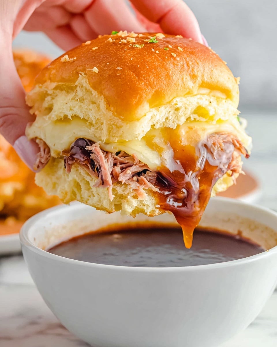 A sandwich slider is held by a woman's hand just above a white bowl filled with dark, glossy dipping sauce. The slider has three visible layers: a soft, golden brown bun on top with small toasted bits, a melted pale yellow cheese layer beneath it, followed by a layer of tender, shredded pinkish meat mixed with caramelized light brown onions, with some sauce dripping from the side into the bowl below. The background surface is a white marbled texture. Photo taken with an iphone --ar 4:5 --v 7