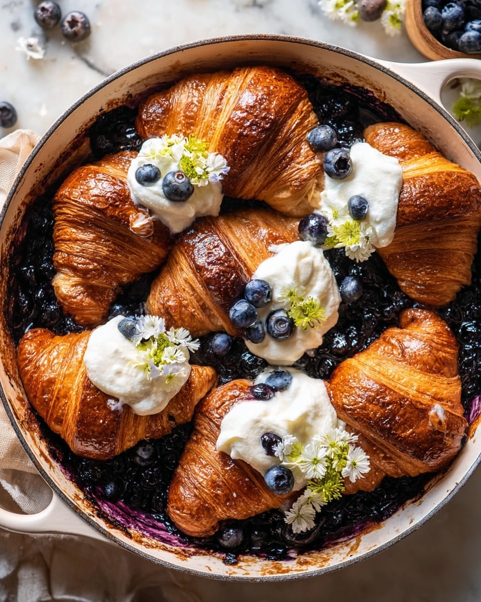A white enamel pan holds a baked dish with seven golden-brown croissants arranged around the edges, their shiny, flaky crusts showing crisp texture. Beneath and between the croissants, there is a layer of deep blue-black cooked blueberries, some bursting and juicy. Dollops of thick white cream are placed on top of several croissants, each topped with one or two fresh blueberries. Small white edible flowers are scattered over the croissants and cream, adding a delicate touch. The pan rests on a white marbled surface with soft natural light highlighting the rich colors and textures. photo taken with an iphone --ar 4:5 --v 7