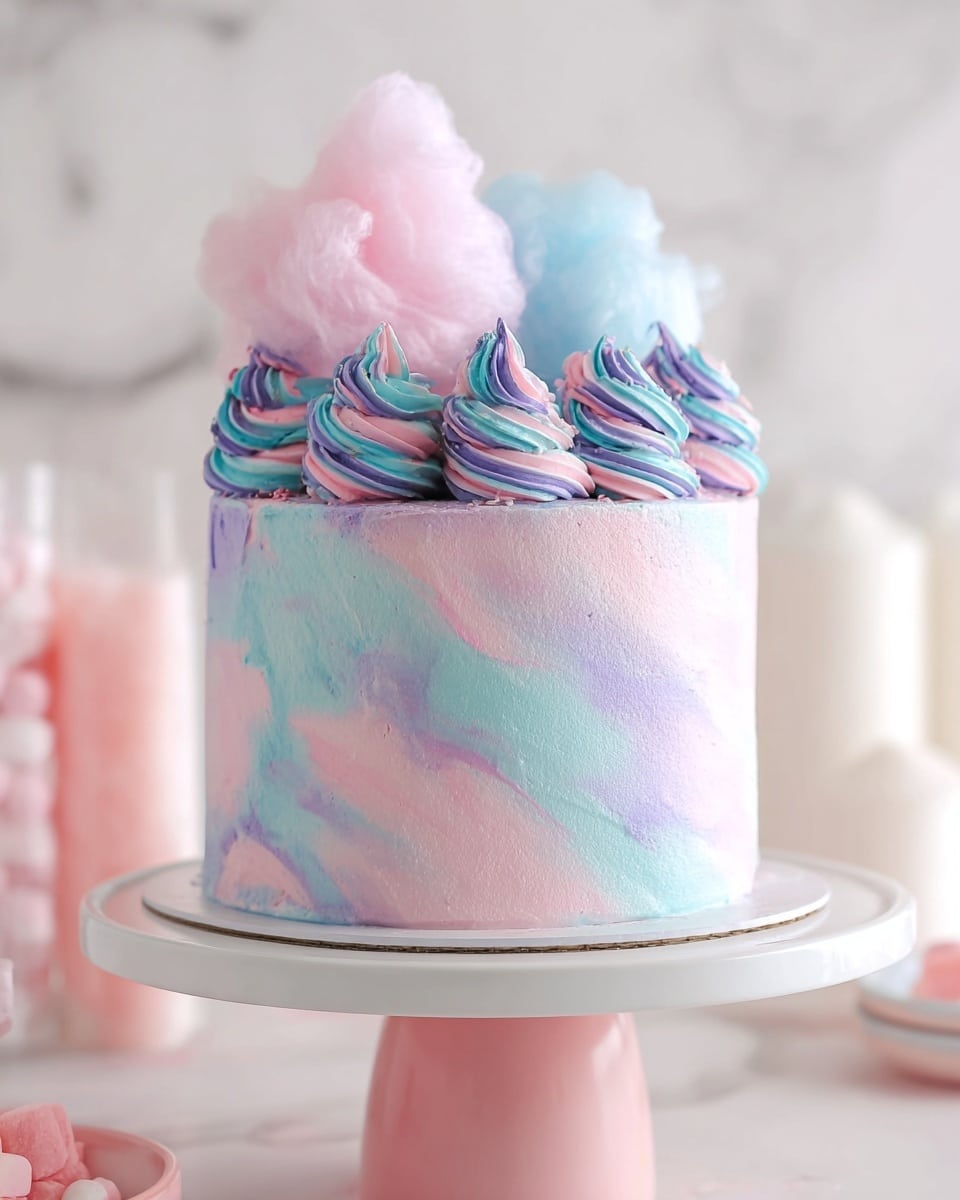 The cake is a tall, round layer with a smooth frosting that blends soft pastel pink and light blue colors in a gentle swirl all around its surface. On top, there are evenly spaced dollops of piped cream, each showing a mix of lavender and greenish-blue tones with a swirled texture. At the center of the top, a large, fluffy cloud of cotton candy in bright pink and pale blue sits high, creating a soft and airy contrast to the smooth cake. A woman's hand with nails painted lavender is gently placing or adjusting the cotton candy. The cake is displayed on a light pink cake stand, with a white marbled texture background. photo taken with an iphone --ar 4:5 --v 7