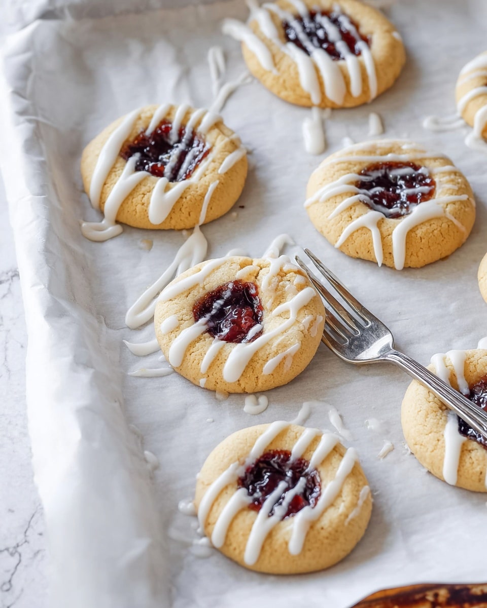 The image shows seven round cookies on white baking paper on a baking tray. Each cookie has a thick golden-brown base with a small round hollow in the center filled with a dark red jam. White icing is drizzled loosely over each cookie in thin lines, creating a light contrast against the golden base and dark filling. A fork is placed near the center of the tray, with traces of white icing on its prongs. The tray sits on a white marbled surface, giving a clean and soft look to the scene. photo taken with an iphone --ar 4:5 --v 7