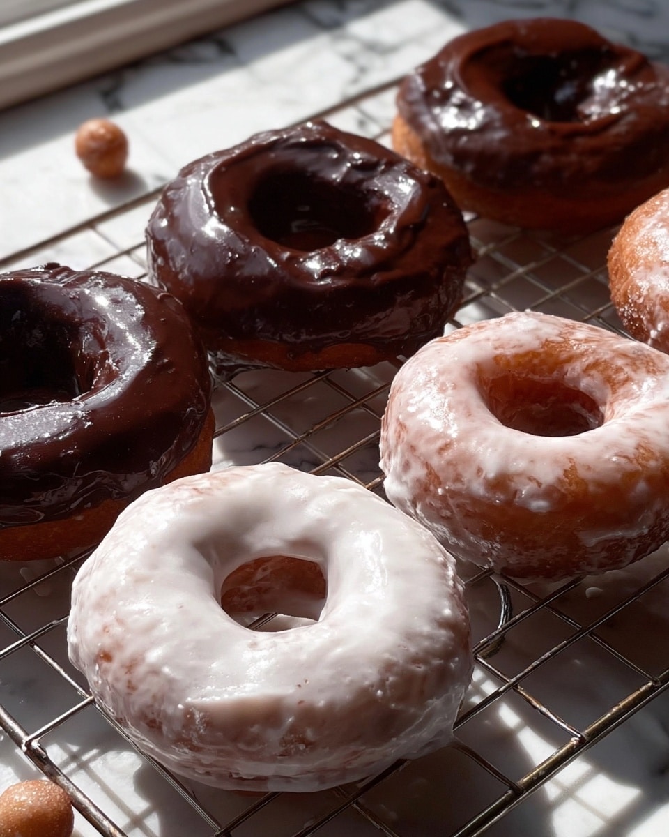 The image shows a group of donuts cooling on a metal rack set against a white marbled texture. There are two different kinds of donuts: three donuts with a shiny dark chocolate glaze which look thick and glossy, placed towards the back, and four donuts with a white sugary glaze that covers them evenly but shows some texture of the fried dough underneath, positioned in the front and middle. The white glazed donuts have a slightly uneven surface with a soft shine. There are also two small donut holes covered in the same white glaze near the bottom of the frame. The overall look is warm with sunlight highlighting the glazes, bringing out the rich colors and textures of the donuts. photo taken with an iphone --ar 4:5 --v 7