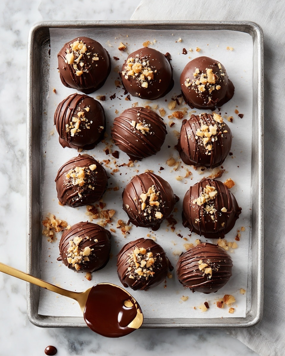 A metal tray holds 15 round chocolate-covered treats arranged in rows on white parchment paper. Each treat is coated smoothly in glossy milk chocolate with some showing textured swirls and others topped with chopped nuts sprinkled unevenly on top. Chocolate drips and small crumbs are scattered around the treats, creating a casual, freshly made look. A gold spoon with melted chocolate rests on the paper in the lower right corner, adding a shiny contrast. The whole scene sits on a white marbled surface. photo taken with an iphone --ar 4:5 --v 7