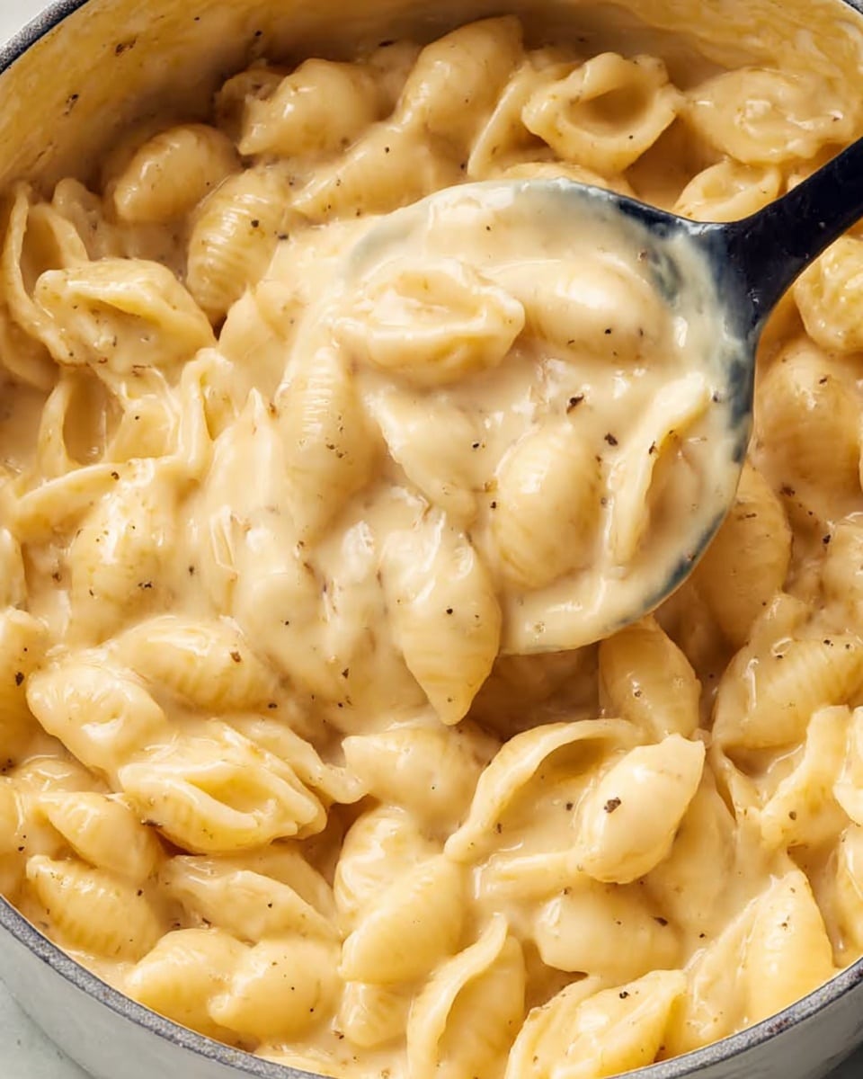 The image shows a close-up view of creamy pasta in a pot, with a black spoon lifting some of the pasta. The pasta shells are covered in a thick, smooth, light yellow cheese sauce that looks rich and velvety. The pasta shells are small and nestled closely, all coated evenly in the sauce. The pot has a white marbled texture visible at the edge, and the cheese sauce has tiny specks of black pepper scattered throughout. The scene is simple, focusing on the creamy texture and soft pasta, with no other food or decoration visible. Photo taken with an iphone --ar 4:5 --v 7