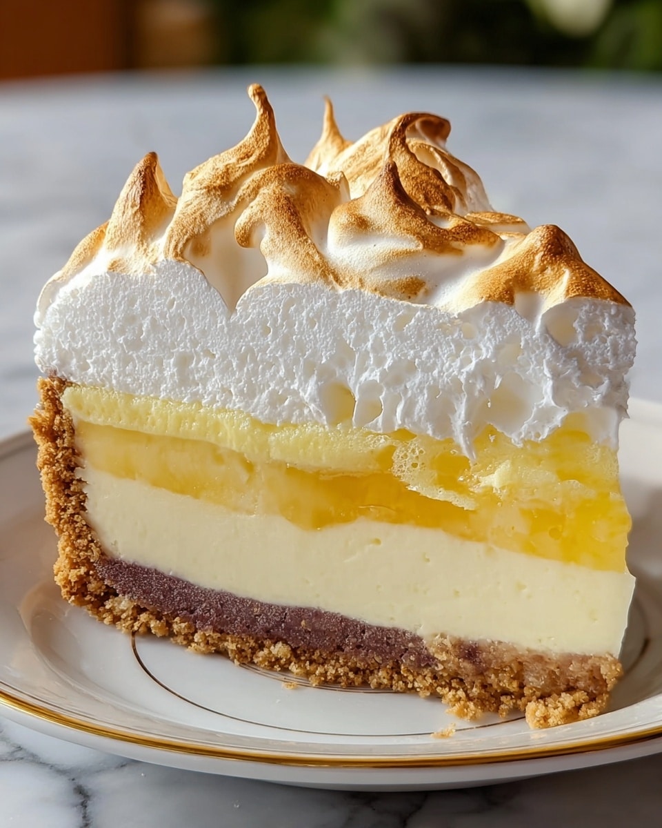 The image shows a round lemon meringue cheesecake with three visible layers. The bottom layer is a crumbly, golden-brown crust. Above it, the thick middle layer is creamy white cheesecake with a smooth texture. On top is a thin, shiny yellow lemon glaze. The cake is decorated around the edge with large, toasted meringue peaks that are white with browned tips, giving a soft and fluffy look. The cake is on a silver foil-covered base and placed on a white marbled surface. Photo taken with an iphone --ar 4:5 --v 7