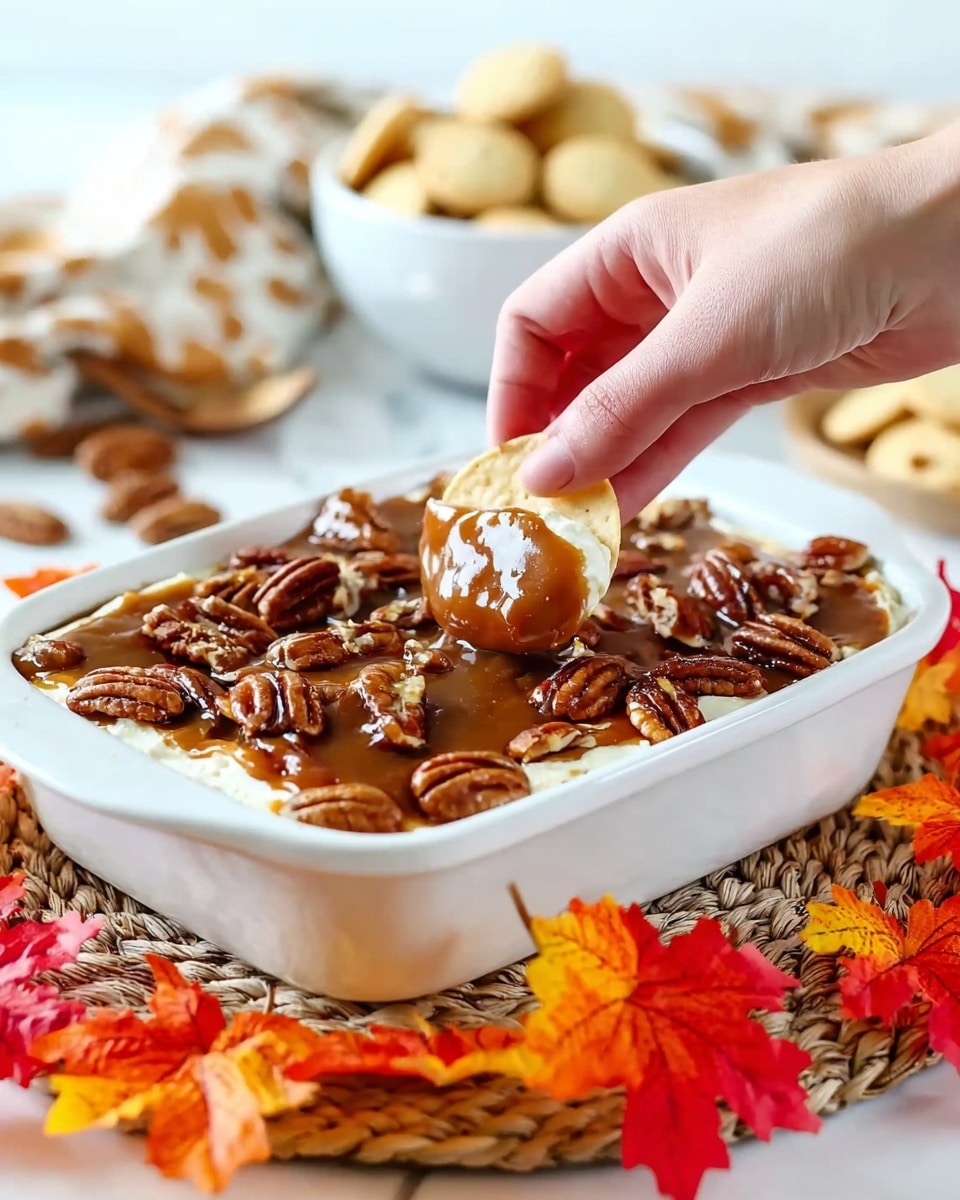 A white rectangular dish with three visible layers: a thick bottom layer of creamy white cheesecake, a middle layer of shiny golden-brown caramel sauce dripping slightly over the cheesecake, and a top layer densely covered with glossy caramel and scattered chopped pecans in light and dark brown shades. The dish is placed on a white marbled surface with a small section missing from the corner, showing the soft texture of the cheesecake inside. Photo taken with an iphone --ar 4:5 --v 7