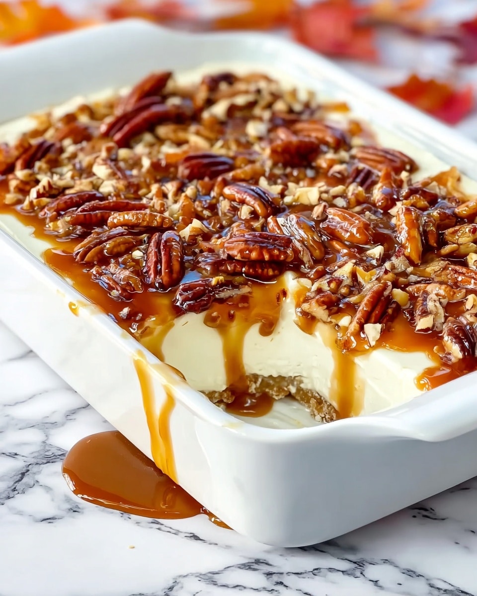 A white rectangular dish filled with a three-layer dip, starting with a creamy white base, topped with a thick, shiny brown caramel sauce scattered with large pecan halves that add texture and color on top. A woman's hand is holding a light beige round chip dipped with a mix of white creamy layer, caramel, and pecans, close to the dish. The dish sits on a woven placemat decorated with vivid orange and red autumn leaves. In the background, there are white bowls blurred but showing round cookies or biscuits. The setting is bright with a white marbled texture surface underneath. Photo taken with an iphone --ar 4:5 --v 7