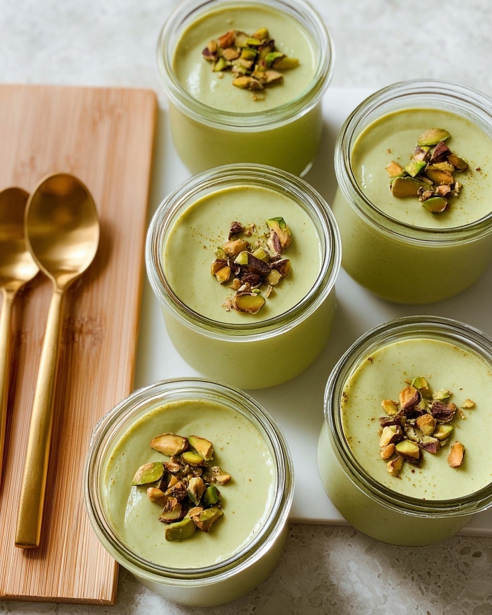 Four glass jars filled with a smooth light green pudding are neatly arranged on a white marbled surface. Each jar shows a single even layer of the creamy pudding, topped with a few pieces of chopped pistachio nuts that add a rough texture and darker green and brown colors as garnish. To the left side, there are two shiny gold spoons resting on a light wooden board, adding a touch of shine and warmth to the scene. The overall look is clean and simple with soft natural light. photo taken with an iphone --ar 4:5 --v 7
