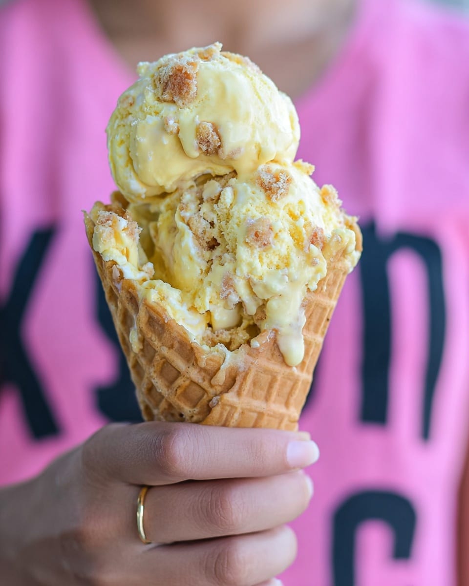 A close-up view of a waffle cone held by a woman's hand with a simple gold ring, filled with two scoops of creamy yellow ice cream mixed with bits of crumbly cake pieces, some melting and dripping slightly down the cone. The texture shows soft ice cream and moist cake chunks blending together. The background is a person wearing a pink shirt with black letters that are slightly blurred. Photo taken with an iphone --ar 4:5 --v 7