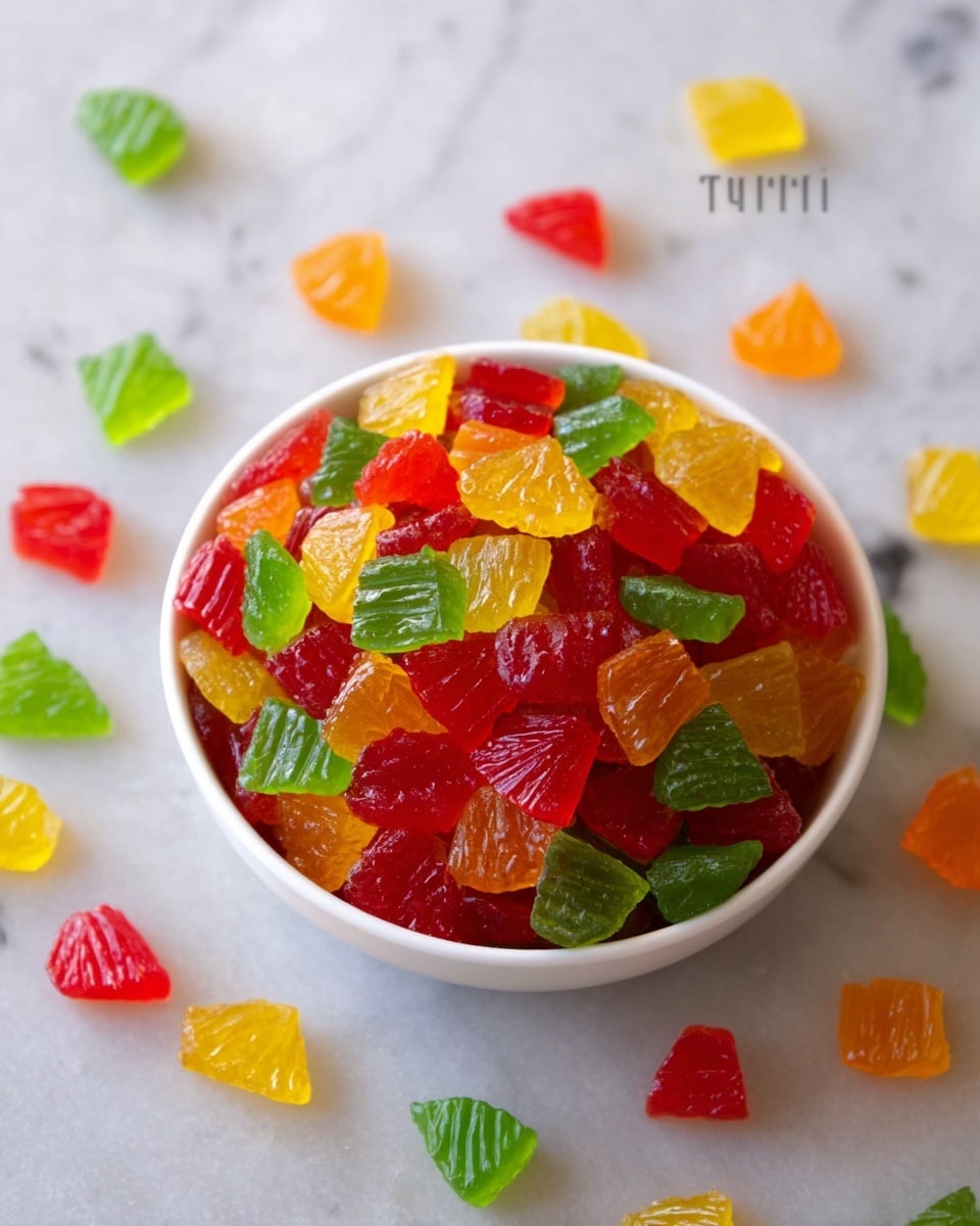 A white bowl filled to the top with small, bright pieces of tutti frutti in red, yellow, green, and orange colors, each piece having a glossy, slightly translucent texture and some ridged surfaces. The bowl sits on a white marbled textured surface, with a few colorful pieces scattered around it. The scene is well-lit, showing the shiny and vibrant look of the tutti frutti pieces. photo taken with an iphone --ar 4:5 --v 7