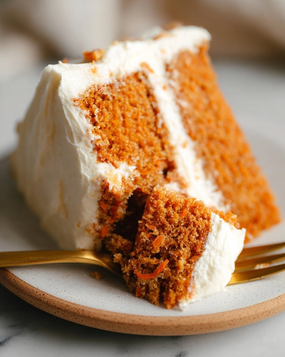 The image shows a close-up of a two-layer slice of carrot cake with thick creamy white frosting between the layers and covering the exterior sides. The cake layers are moist and orange-brown in color, with a textured crumb. A golden fork is holding a bite-sized piece of the cake, pressing into the bottom layer and creamy frosting. The slice is placed on a round white plate over a white marbled surface. Photo taken with an iphone --ar 4:5 --v 7
