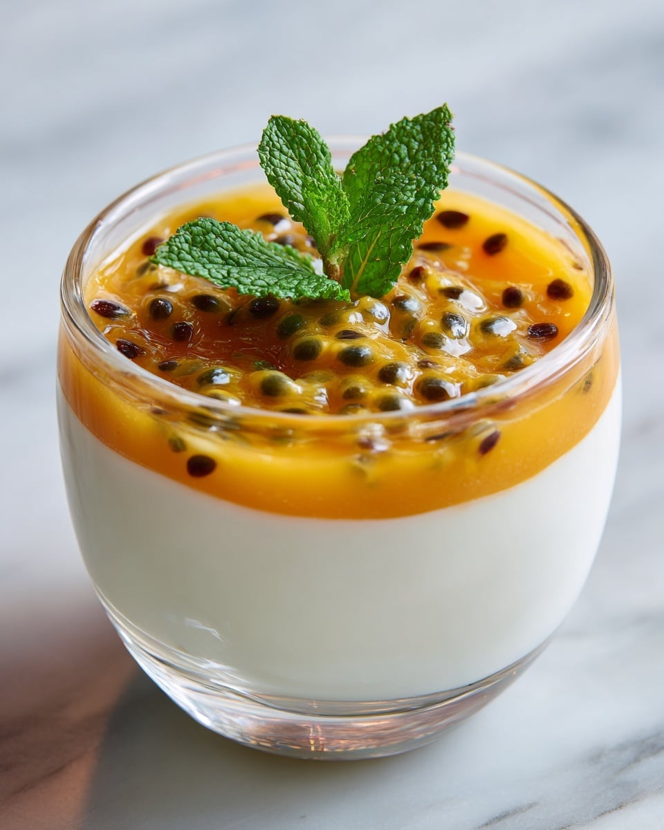 A clear glass bowl contains a two-layer dessert, with the bottom layer creamy white and smooth, looking like a soft pudding. The top layer is a generous spread of bright orange passion fruit pulp with dark seeds, glossy and dripping slightly down the sides of the white layer. At the center, a small fresh green mint sprig with textured leaves adds a pop of color and freshness. The bowl sits on a white marbled surface. photo taken with an iphone --ar 4:5 --v 7
