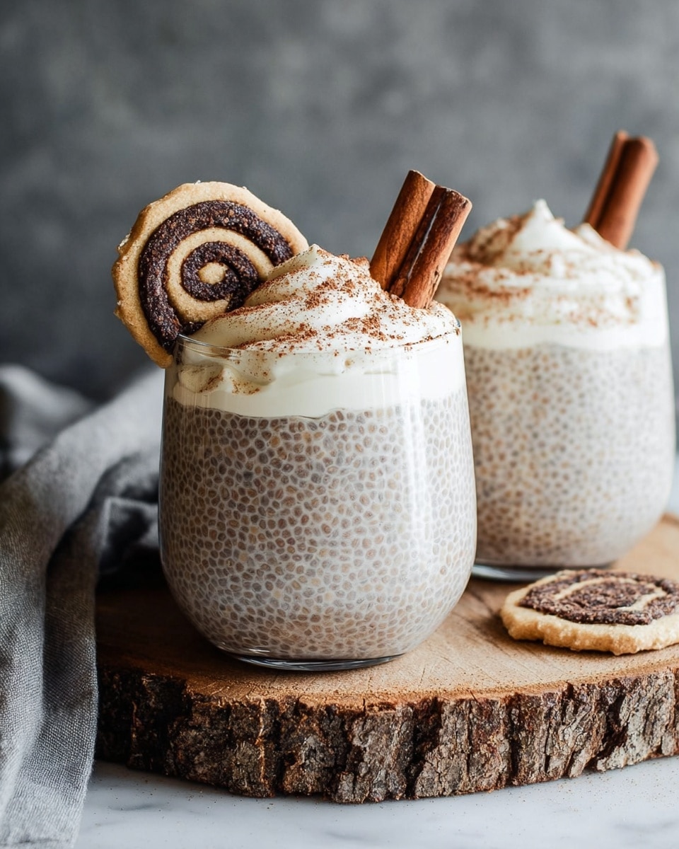 The image shows two clear glass cups filled with a speckled, light brown chia pudding layer that takes up about three-quarters of each cup. On top, there is a thick, fluffy white cream layer dusted with brown cinnamon powder. One glass is decorated with two whole cinnamon sticks stuck into the cream, and a spiral-shaped cookie with dark brown swirls is placed on the rim. Another piece of the same cookie lies on the wooden surface beneath the glasses. The setup is on a rough, natural wooden slab with visible tree bark. The backdrop is a soft grey cloth and neutral grey wall, all set on a white marbled texture surface. photo taken with an iphone --ar 4:5 --v 7