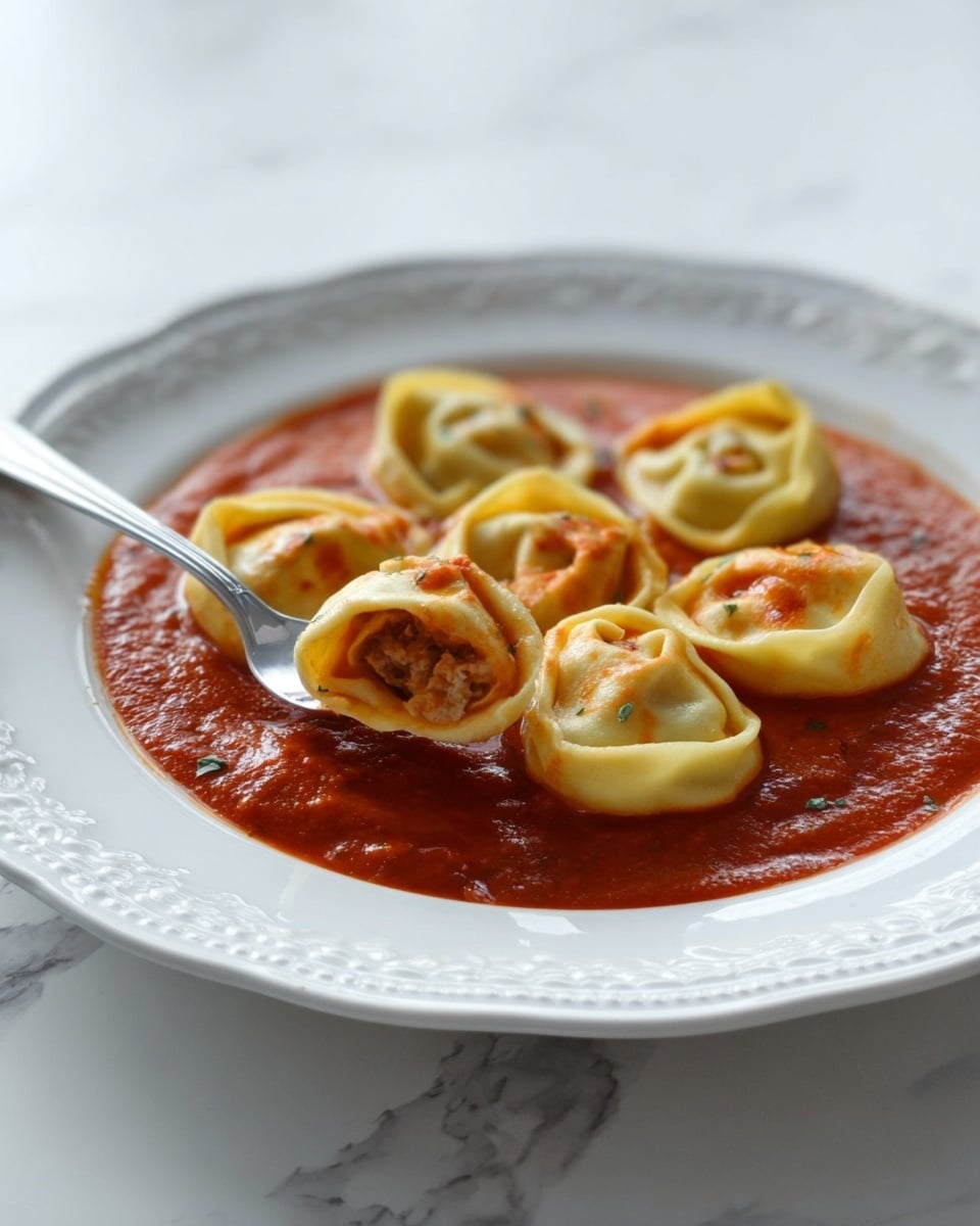 A white plate with a detailed edge holds a layer of thick red tomato sauce covering the base. On top, six pieces of light yellow tortellini filled with meat are placed, each having a soft, slightly wrinkled texture with bits of orange sauce on them. One tortellini is cut to show the filling inside. A silver fork rests in the sauce near the front of the plate. The background is a white marbled texture. Photo taken with an iphone --ar 4:5 --v 7