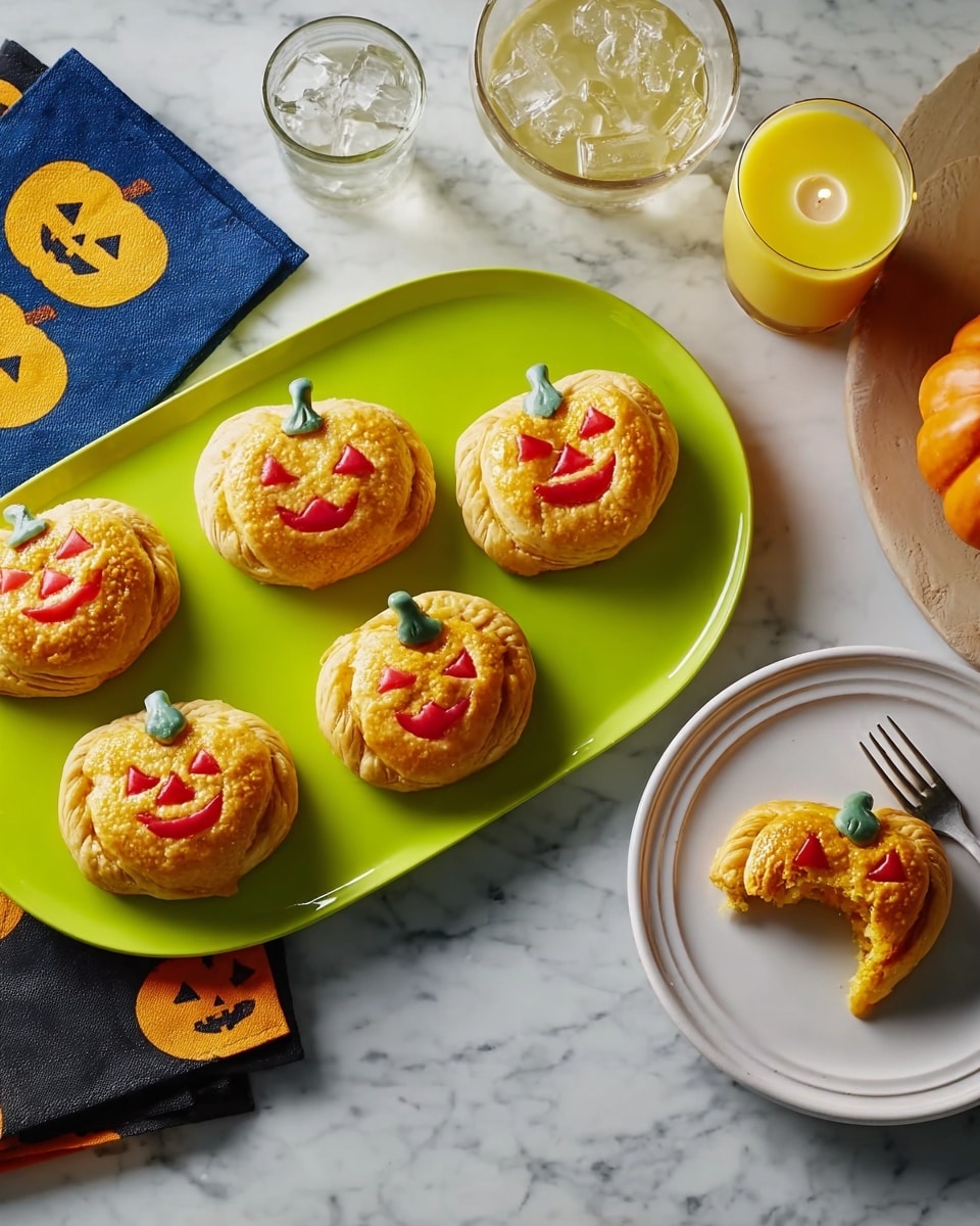 The image shows six small pumpkin-shaped pastries on a bright green tray, each with different smiling or spooky faces made from red cut-out shapes. The pastries are golden brown and flaky with a small pumpkin stem detail at the top of each. One pastry with a bite taken out is placed on a white plate, and a second empty white plate is nearby. The scene is set on a white marble surface with a glass of ice water, a yellow candle in a glass holder, and pumpkin-themed napkins with black pumpkin faces printed on them. Photo taken with an iphone --ar 4:5 --v 7
