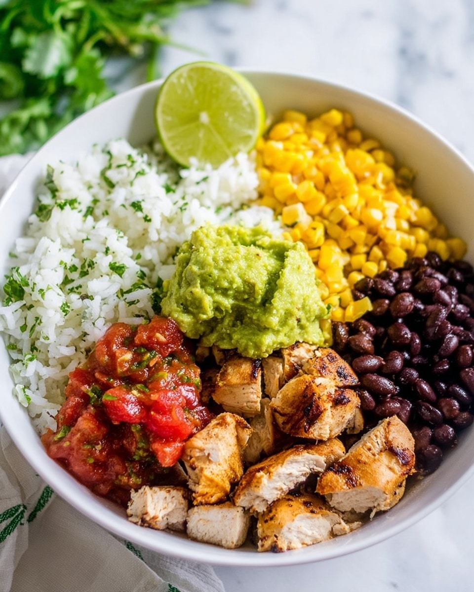 A white bowl filled with six main parts arranged in sections: fluffy white rice with green herb pieces on one side, bright yellow corn kernels next to it, a smooth green guacamole scoop, fresh red salsa with visible tomato chunks and herbs, tender grilled chicken pieces in the center with a light golden brown color and some grilled marks, and shiny black beans sitting beside the chicken. A wedge of lime is placed upright on the edge of the rice section. The bowl is set on a white marbled surface with some green herbs blurred in the background. photo taken with an iphone --ar 4:5 --v 7