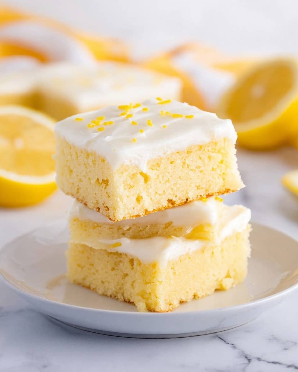 Three square pieces of yellow cake are stacked on a white plate, each layer separated and topped with thick white frosting that looks smooth and creamy. The top piece has a few small yellow sprinkles on its frosting. The texture of the cake looks soft and moist. The background shows a white marbled surface with blurred white and yellow cloth and lemon slices adding a fresh feel. Photo taken with an iphone --ar 4:5 --v 7