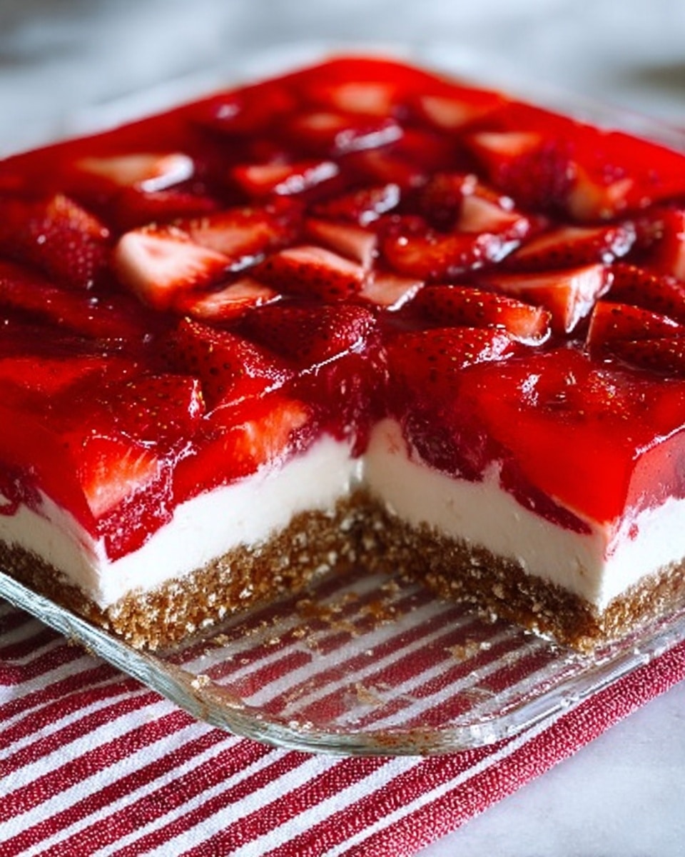 A square glass dish shows a strawberry dessert with three clear layers. The bottom layer is a thick, crumbly brown crust. Above it is a smooth, creamy white layer. The top layer is a shiny, red jelly with visible pieces of sliced strawberries scattered inside. The dish sits on a white marbled surface with a red and white striped cloth beneath it. A missing piece on the right side reveals the distinct layers clearly. photo taken with an iphone --ar 4:5 --v 7