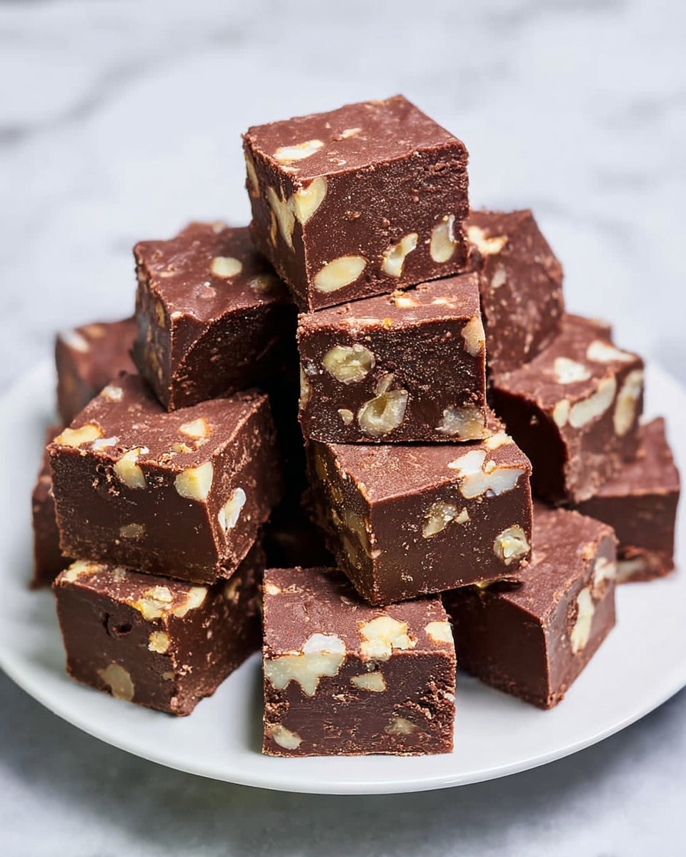 A white plate on a white marbled texture surface holds a pile of thick, square pieces of chocolate fudge. Each fudge piece is dark brown with a smooth, dense texture and is dotted generously with small chunks of light tan walnuts, giving a nice contrast in color and texture. The pieces are stacked in a slightly uneven tower, showing different angles of the chocolate and nut mix clearly photo taken with an iphone --ar 4:5 --v 7